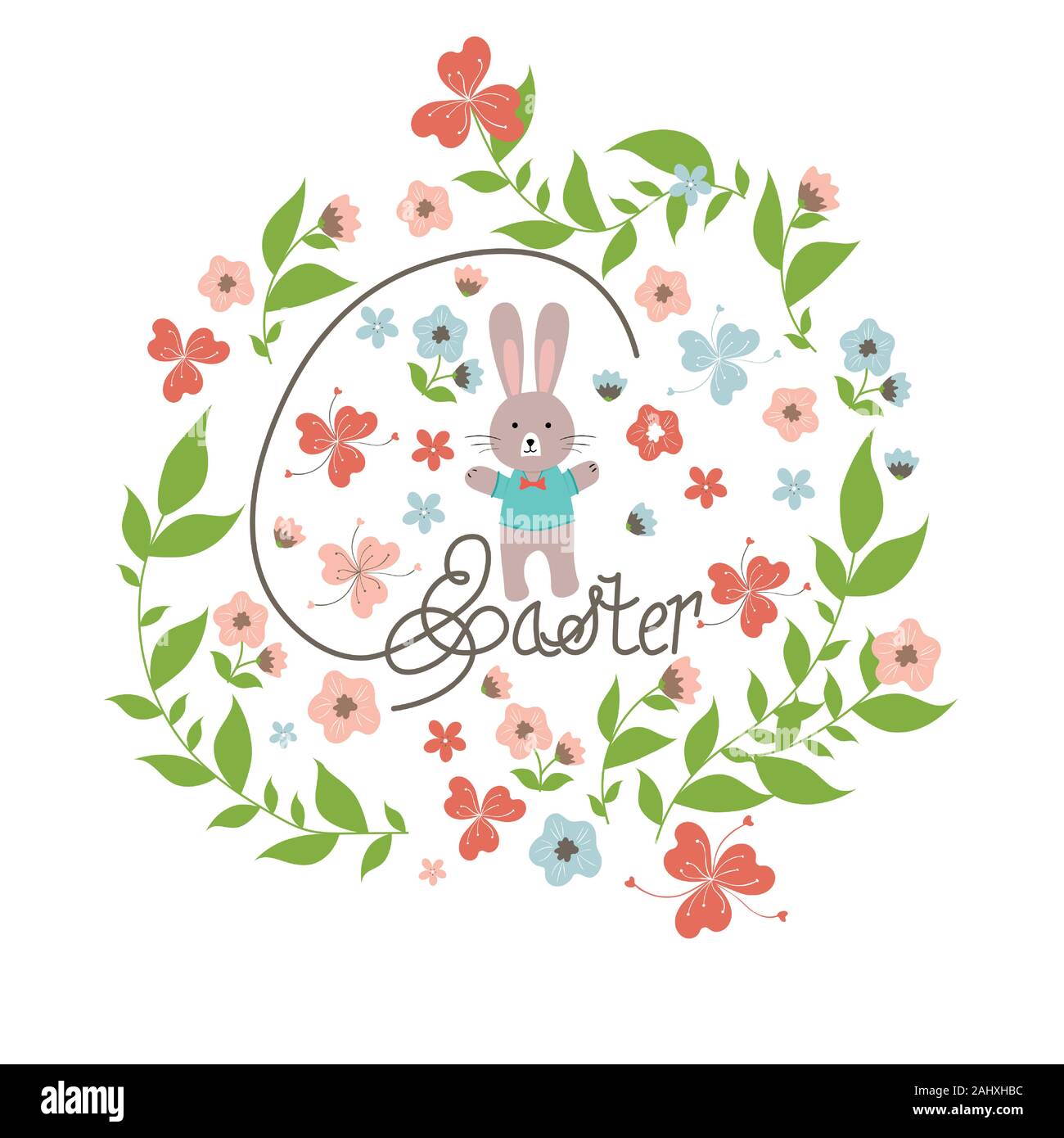 Vector Joyeuses Pâques avec des fleurs, des modèles de cadres et des couronnes de fleurs, lapin et la conception typographique. - Vector illustration Illustration de Vecteur