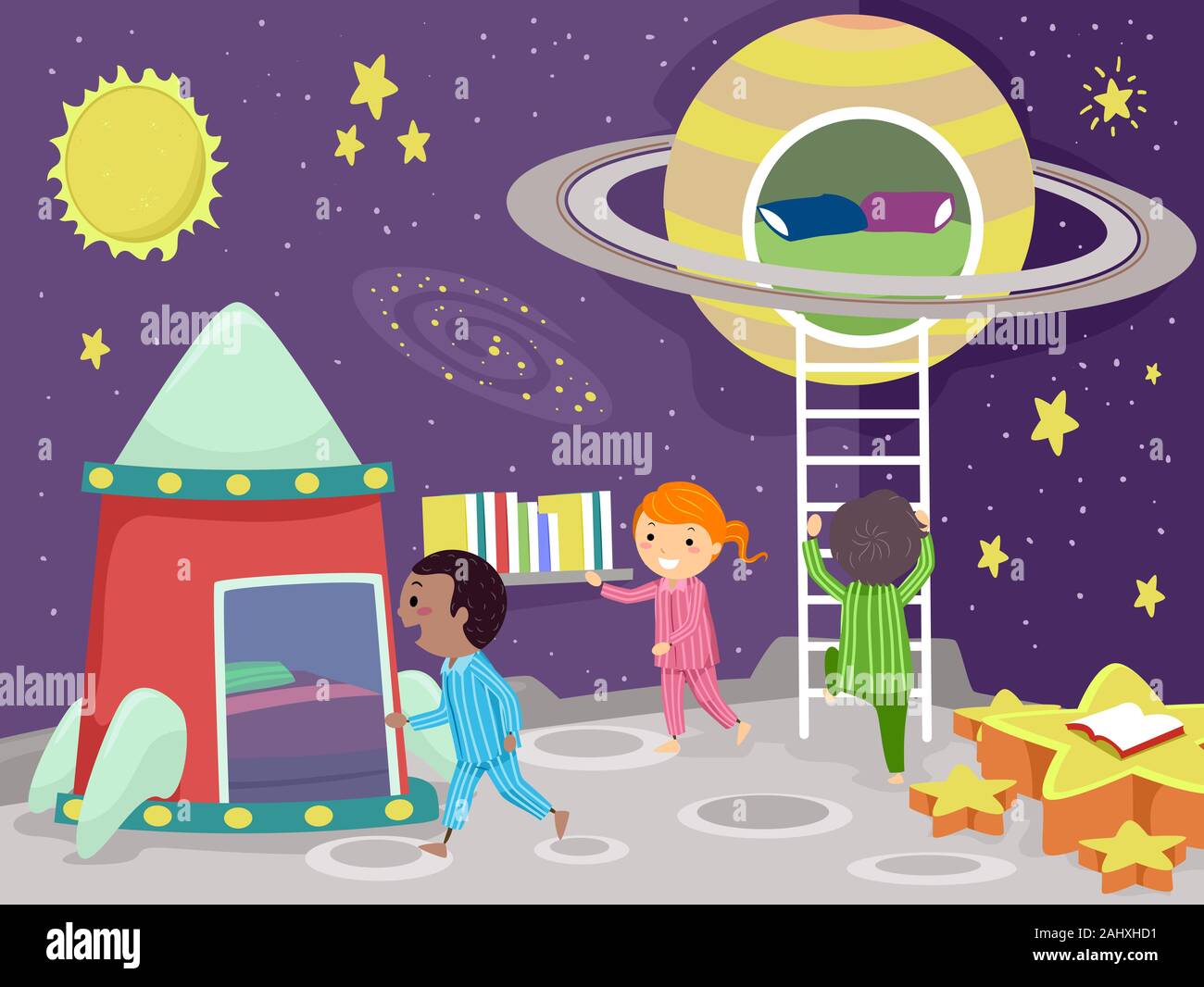 Illustration de Stickman enfants dormant dans une chambre à thème de l'espace extra-atmosphérique Banque D'Images