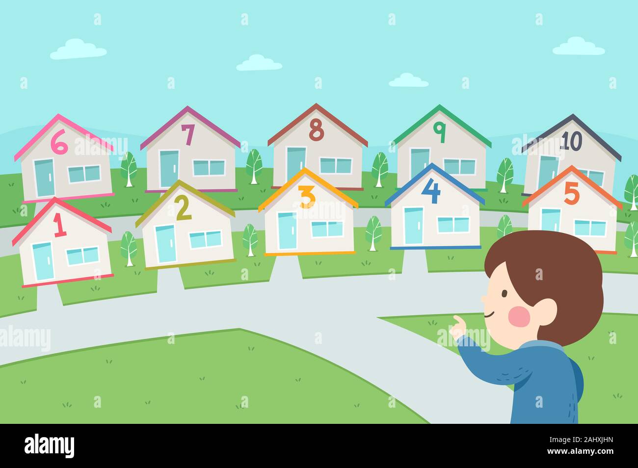 Illustration d'un enfant garçon pointer et à compter nombre de maisons voisin, chaque chambre avec des numéros de 1 à 10 Banque D'Images