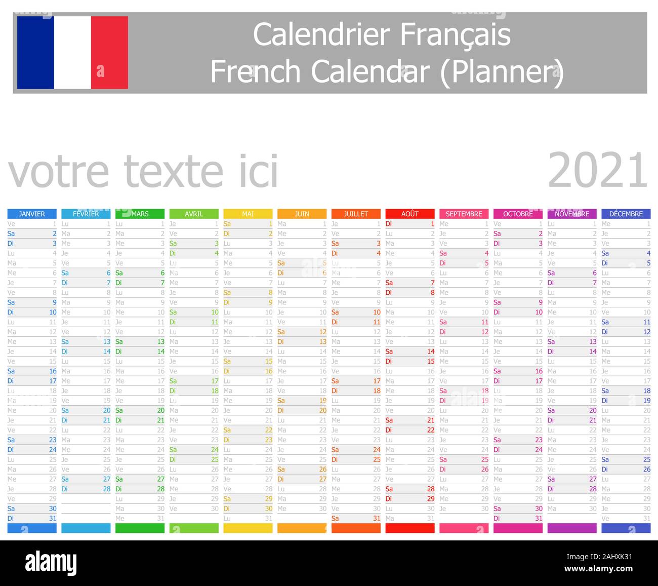 2021 Planificateur Français Calendrier avec mois vertical sur fond blanc  Image Vectorielle Stock - Alamy