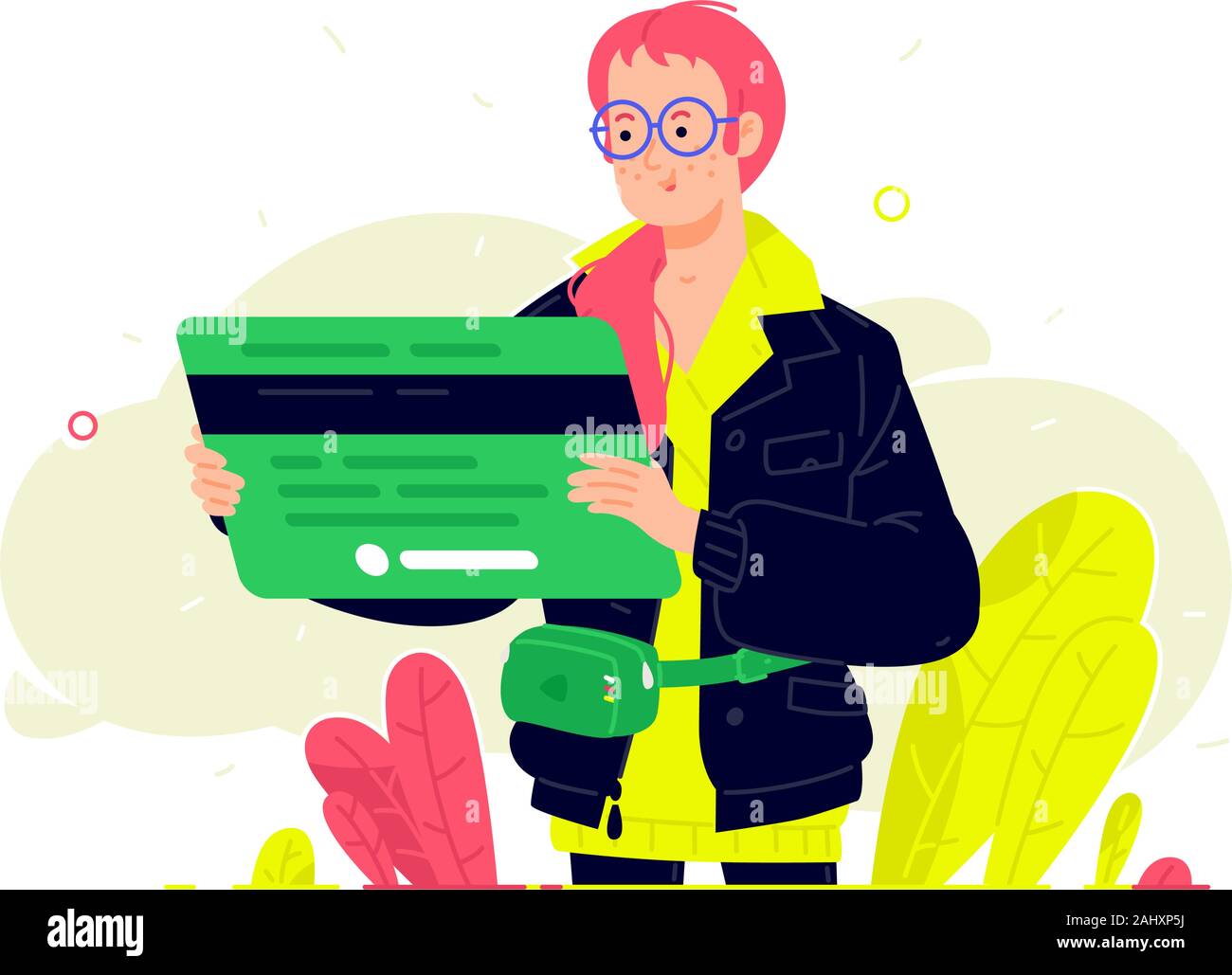 Illustration d'une fille avec une carte bancaire dans un style. Vecteur. Client de la banque avec une carte de débit. Banque d'instruments. Caution, de débit et de c Illustration de Vecteur