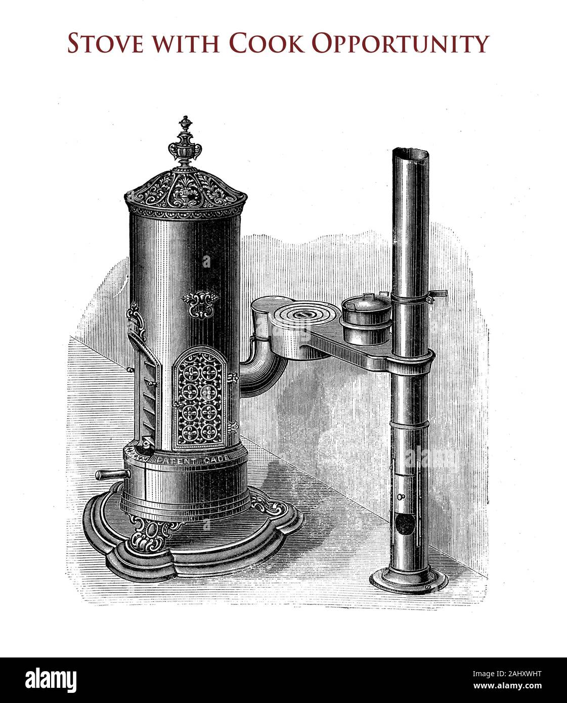 Chambre : chauffage poêle en fonte modèle avec possibilité cook 19e siècle Banque D'Images