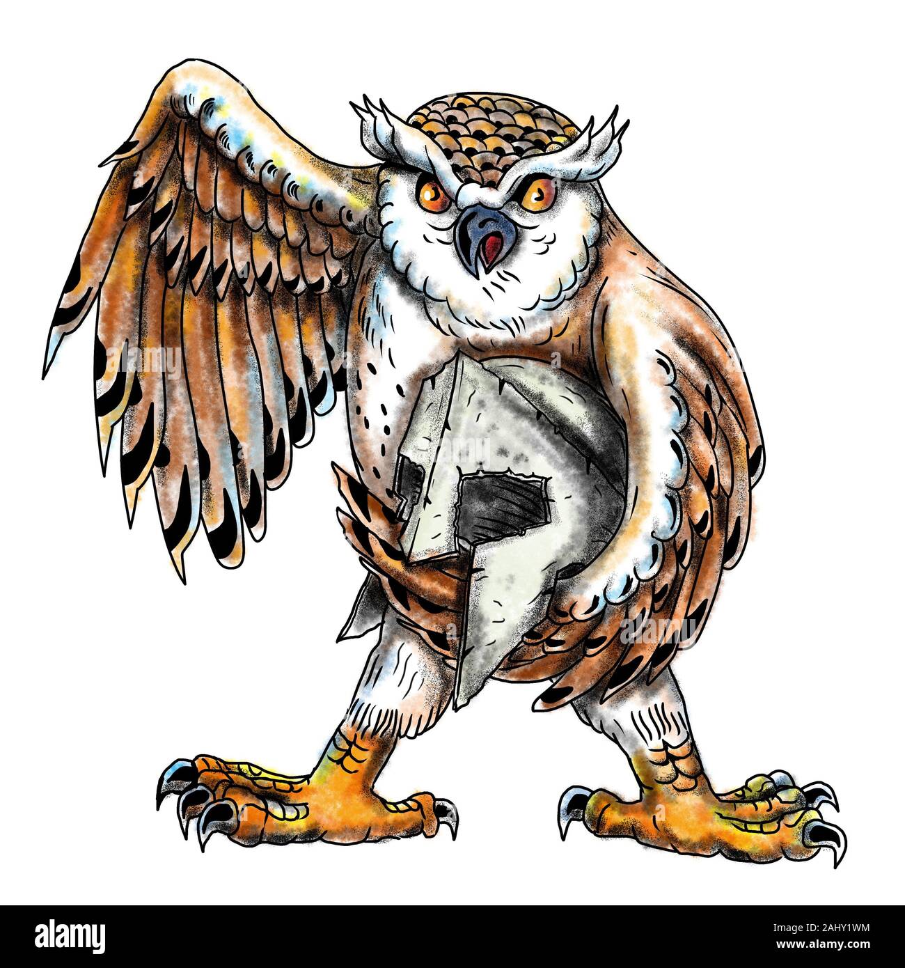 Illustration de style tatouage d'un hibou, oiseau de proie nocturne de l'ordre des Strigiformes tenant un casque spartiate vu de l'avant sur des Banque D'Images