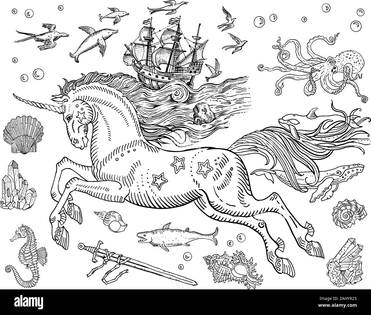 Licorne de mer magique, vieux navire, baleines, dauphins, poissons, poulpes, shell, noyé sword, cristaux, étoiles de mer, cheval, bulles d'eau. Hand drawn vintage styl Illustration de Vecteur