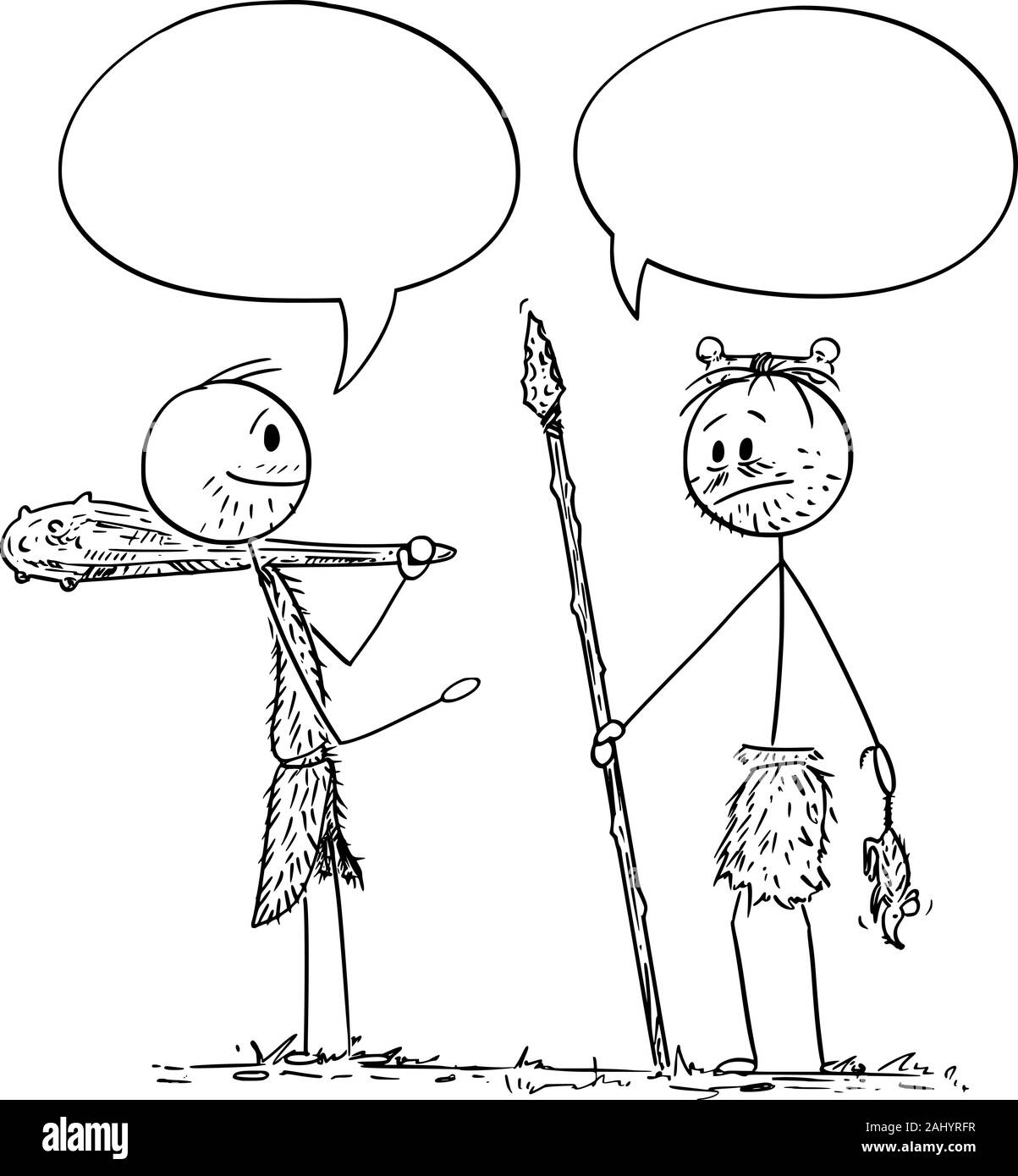 Vector cartoon stick figure dessin illustration conceptuelle de deux cavernes préhistoriques, les hommes autochtones ou indigènes, avoir une conversation, parler ou dire quelque chose. Il y a des bulles vides ou des effets pour votre texte. Illustration de Vecteur