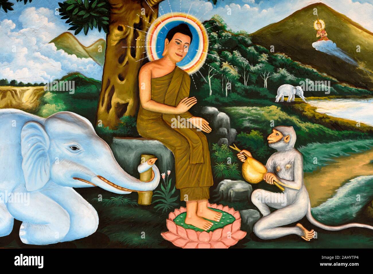 Peinture murale religieuse à Wat Preah Prom Rath, Siem Reap, Cambodge, Asie du Sud, l'Esat. Banque D'Images