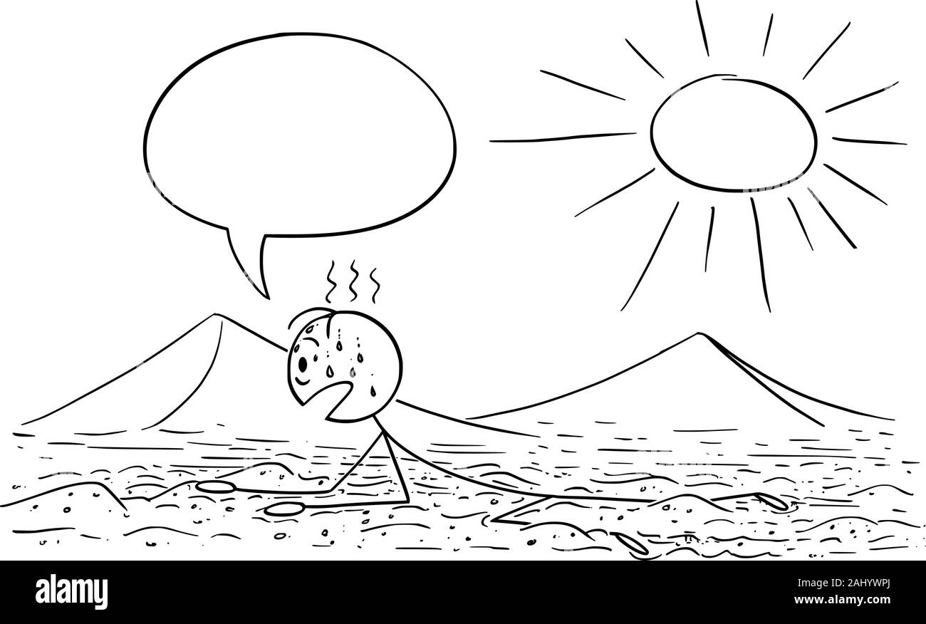 Vector cartoon stick figure dessin illustration conceptuelle de l'homme, voyageur ou touriste dérive ou de ramper sur le désert de sable chaud sur Sun avec bulle vide. Illustration de Vecteur