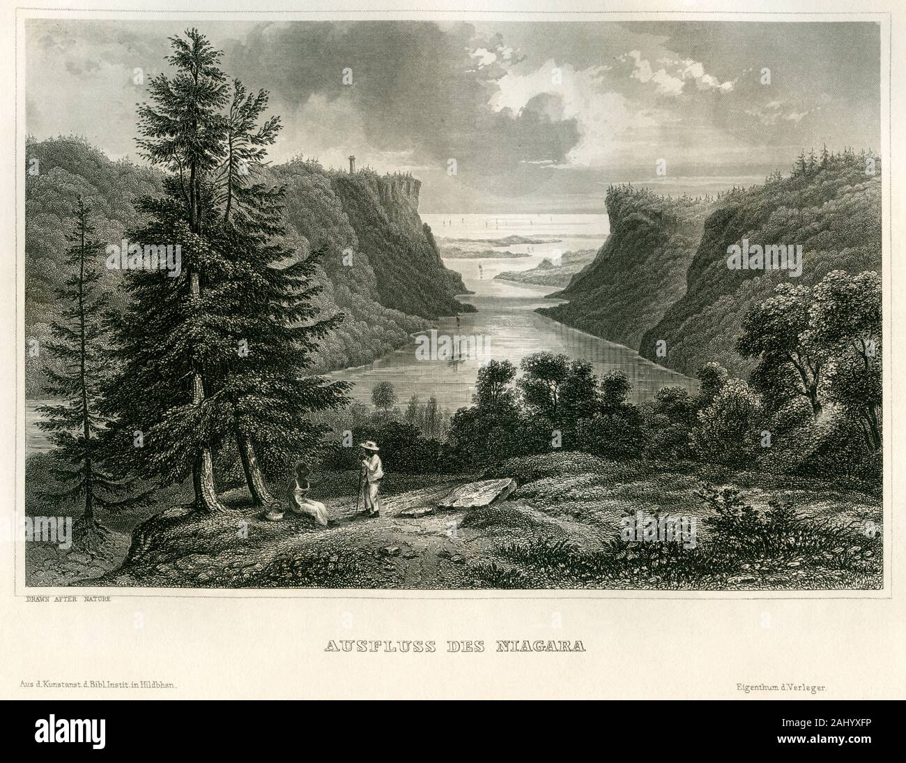 Amerika, jeux, Niagara, Flusslandschaft zwischen Kanada und den Vereinigten Staaten von Amerika, Motiv aus : ' Meyer's Universum ' . Ein Volksbuch , enthaltend figure und Beschreibung des Sehenswerthesten Merkwürdigsten und Natur und Kunst en . Verlag : Bibliographisches Institut , Hildburghausen, 1859 . / Amérique latine, Amérique du Nord, de la rivière Niagara, rivière paysage entre le Canada et les États-Unis d'Amérique , libre à partir de : ' Meyer's Universum ' , maison d'édition : Bibliographisches Institut , Hildburghausen, 1859 . Banque D'Images