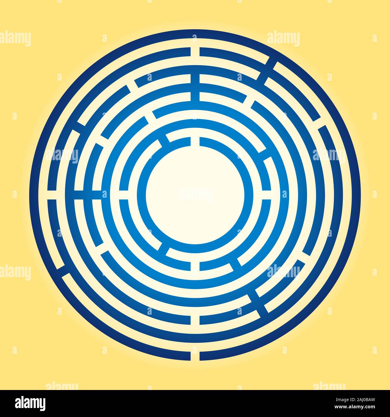 Petit labyrinthe circulaire de couleur. Labyrinthe radial bleu sur fond jaune. Trouver un itinéraire vers le centre, suivez le chemin de l'entrée de l'objectif. Banque D'Images