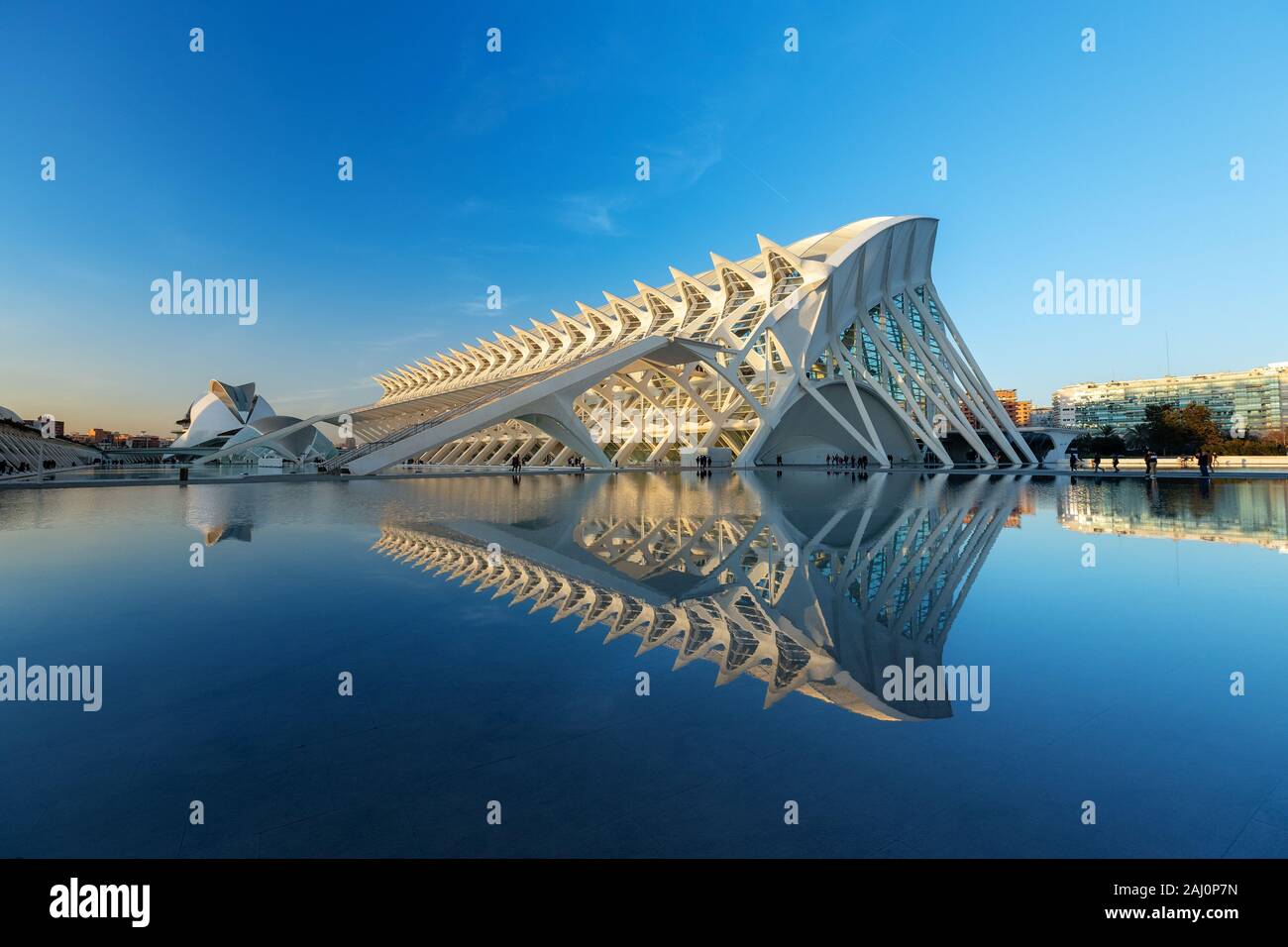 VALENCIA, Espagne - jan 20 : monument futuriste de l'architecture Musée des sciences Príncipe Felipe avec le lac qui entoure à l'avant. Banque D'Images