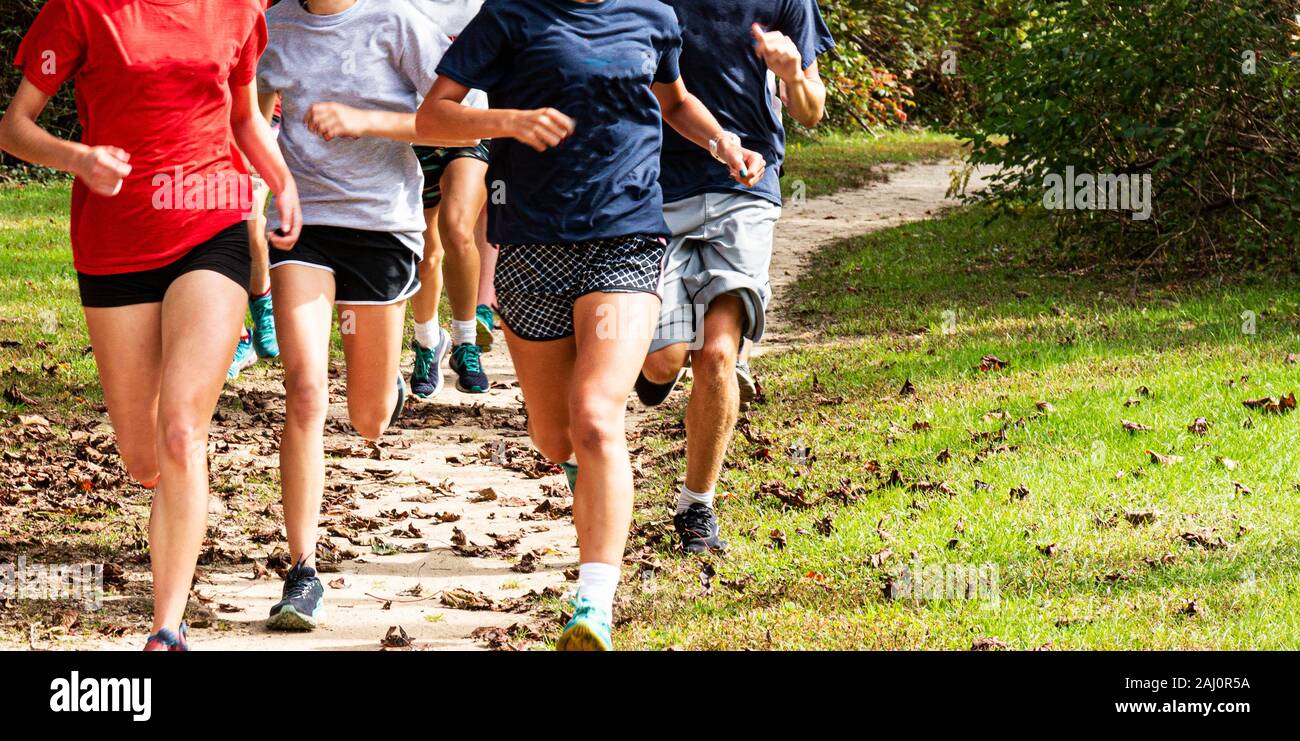 Un groupe de coureurs de cross-country de l'école secondaire sont en cours d'exécution de la formation rapide sur un chemin de terre couverte de feuilles dans les bois. Banque D'Images