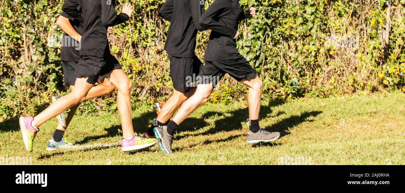 Un lycée de garçons de l'équipe de cross-country s'exécutant dans un groupe sur l'herbe, porter un uniforme noir sur une journée ensoleillée. Banque D'Images