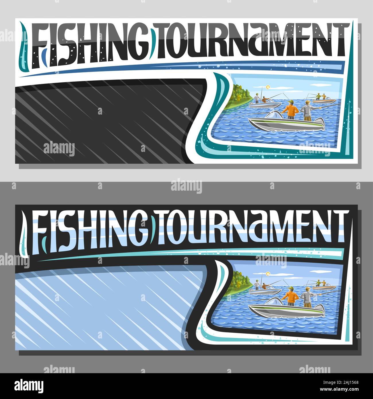 Les modèles vectoriels pour Tournoi de pêche avec copie espace, decorative sign board avec illustration de l'article hommes en bateaux près de la côte avec des forêts, Illustration de Vecteur