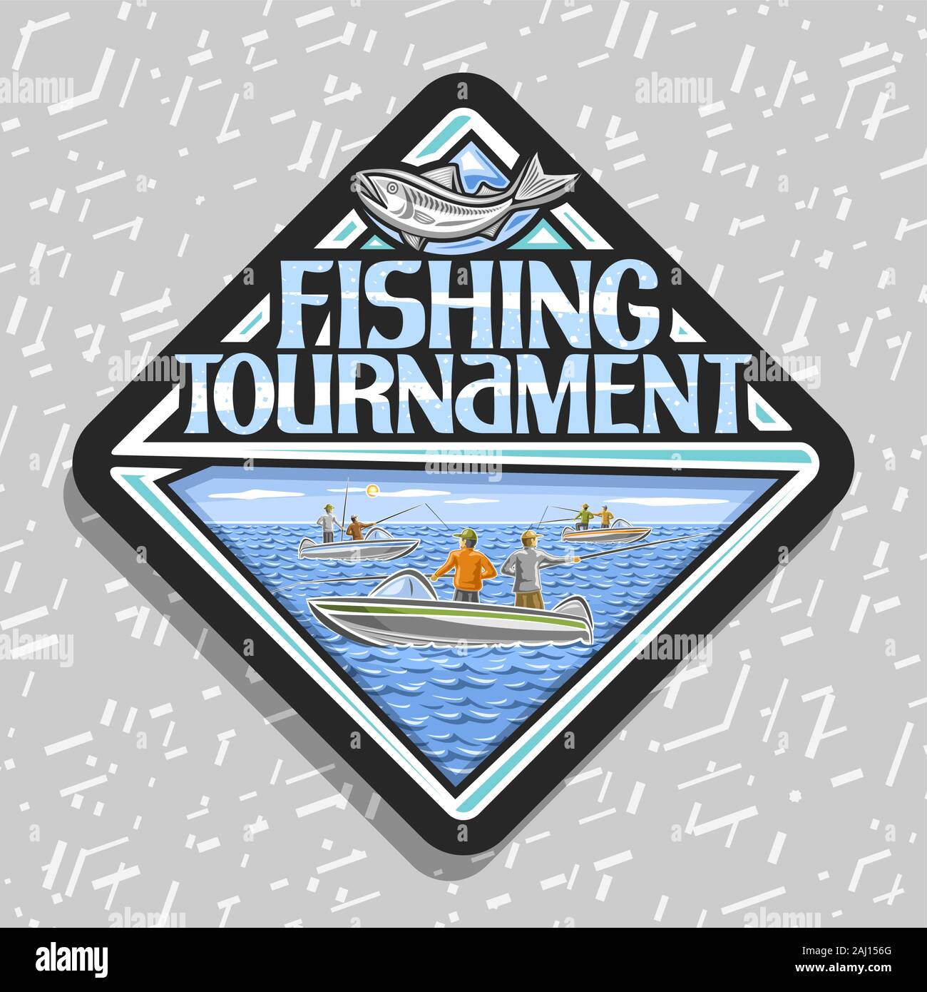 Logo Vector pour Tournoi de pêche, emblème de losange décoratif noir avec illustration de l'article groupe de mâles en bateaux, concept original de typef Illustration de Vecteur