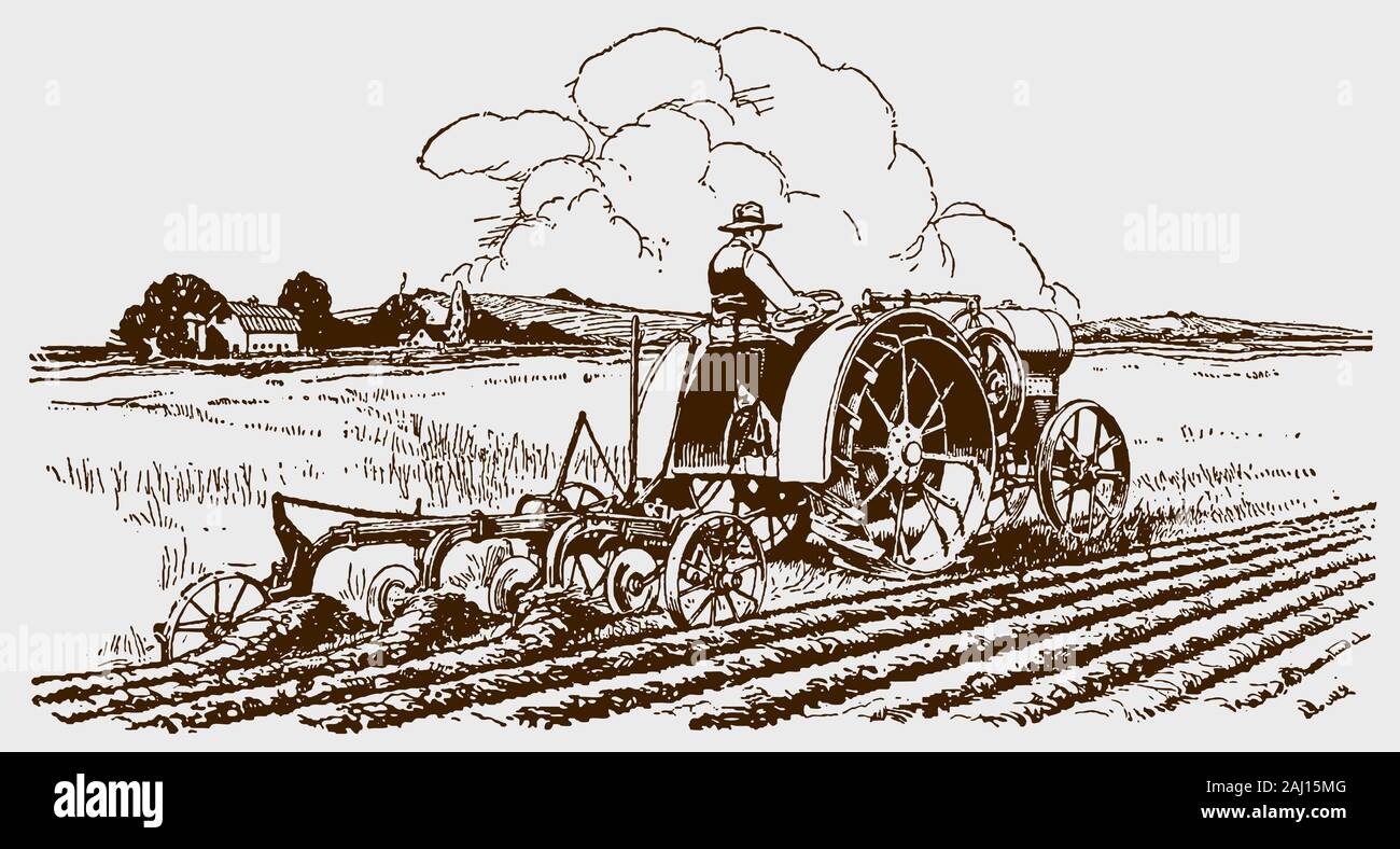 Agriculteur historique tirant une charrue avec son tracteur dans un champ de trois-quart arrière. Illustration après une gravure du début du xxe siècle Illustration de Vecteur