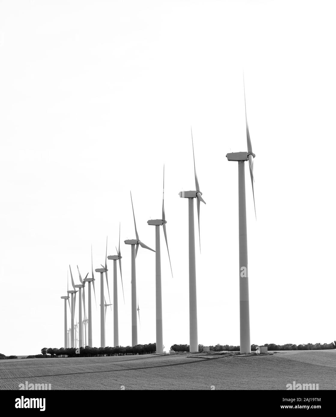 Parc éolien sur un champ avec plusieurs usines produisant de l'électricité propre eolic, espace libre pour le texte ci-dessus, la photographie noir et blanc Banque D'Images