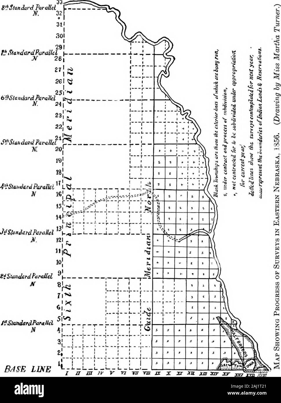 Histoire et histoires du Nebraska . Nebraska-Kansas Monu-ment, Point de départ d'enquêtes. ofNebraska(Dessin de Mlle. MarthaTurner SfStmckrdfaraUdN). 32 KSttndardParalUl ibOSlandardParailelN:25v 26. 24 SJSlandaed Parallef^K 20 !. ^j^j-fi 106 iZATB LES ARPENTEURS 107 sondages ont été chaque année a poussé un andnorth httle plus à l'ouest, dans le sens le plus susceptibles d'être prises par le settlersas ils sont arrivés, jusqu'à ce que tout l'État ont participé à l'enquête. Le lastsurvey a ainsi rendu les portes de l'reservationin Sheridan Sheridan comté, qui a été fini en 1910, cinquante-six yearsafter la première enquête a été effectuée. Chaque étude Banque D'Images