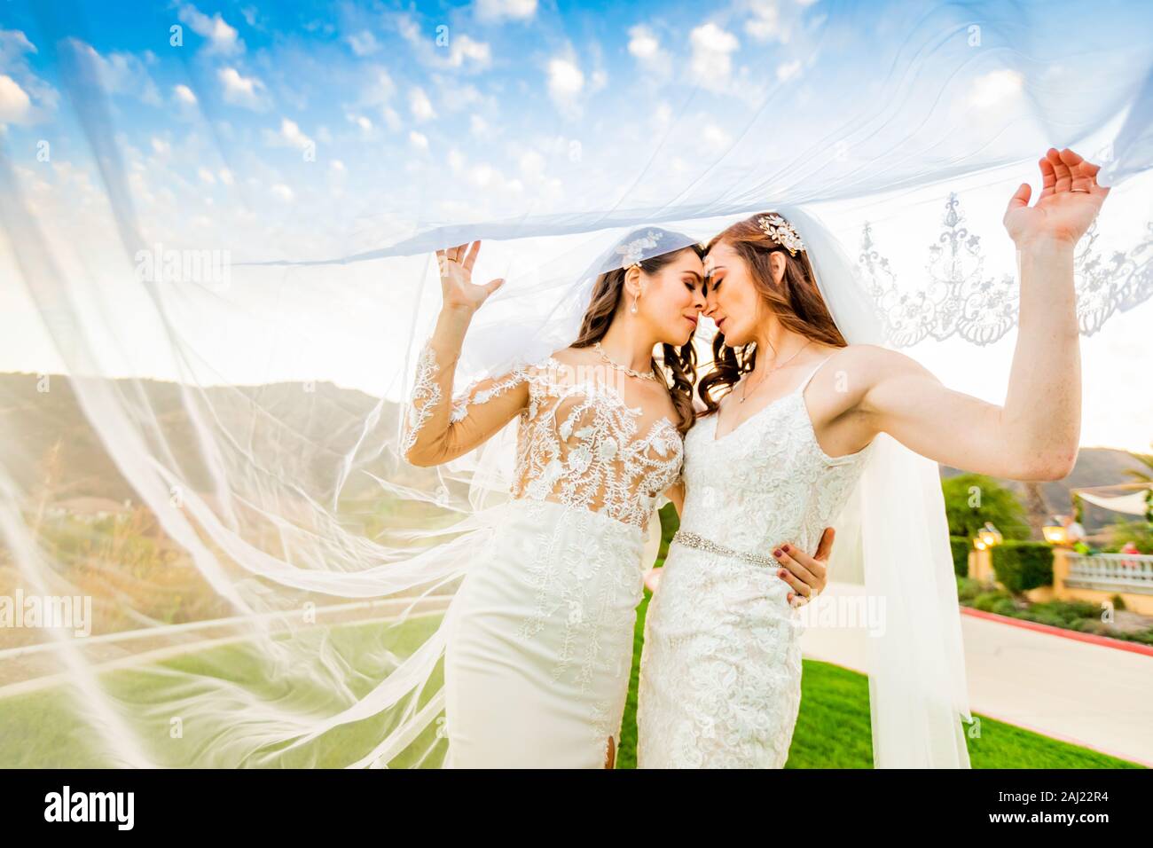 Les nouveaux mariés premier regard post cérémonie de mariage, à Corona, CALIFORNIE, ÉTATS UNIS, Amérique du Nord Banque D'Images