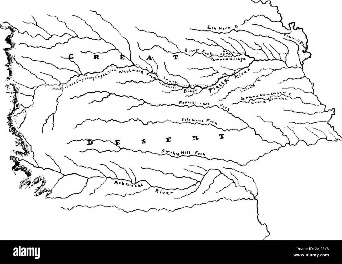 Histoire et histoires du Nebraska . six mille Pawnees. Eightthousand poneys indiens nourris à l'herbe des Loup valleyabout les villages. Les pawnees ont tenté de persuader MajorLong pour aller plus loin, en lui disant que les féroces tribus de lavis de la platte réduirait de sa petite troupe. Des guides se-guéri comme deux trappeurs français qui vivaient avec les Pawnees, et poussé sur. Le 21 juin la longue expédition.arrivés à la jonction de la platte du nord et sud Platte. Les deux streamsthe passage a poursuivi pendant plusieurs jours de la rive sud de theSouth Platte, rendant son dernier arrêt dans ce qui n'est Banque D'Images
