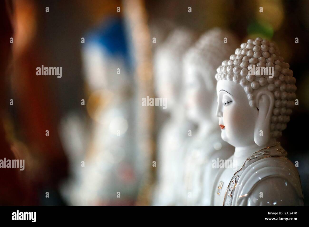 Rangée de statues de Bouddha dans un temple bouddhiste, Ho Chi Minh City, Vietnam, Indochine, Asie du Sud-Est, l'Asie Banque D'Images