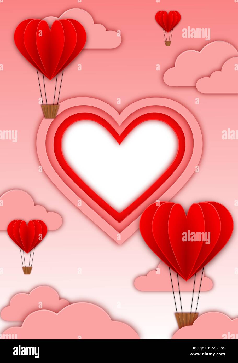carte de saint-valentin avec ballons en forme de coeur pour cheveux chauds, nuages avec espace pour votre texte dans le style de la découpe du papier Illustration de Vecteur