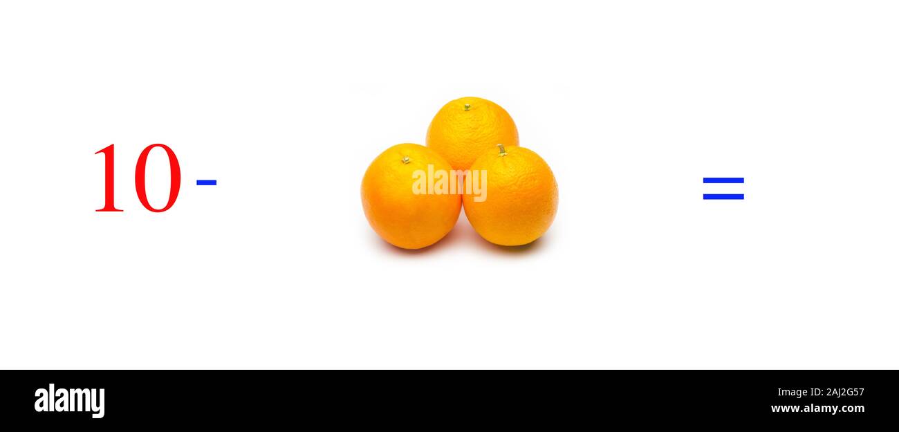 Une simple soustraction des problèmes avec des oranges, des problèmes mathématiques pour les enfants qui étudient et souhaitez apprendre les mathématiques et calcul ; apprendre à soustraire avec fru Banque D'Images