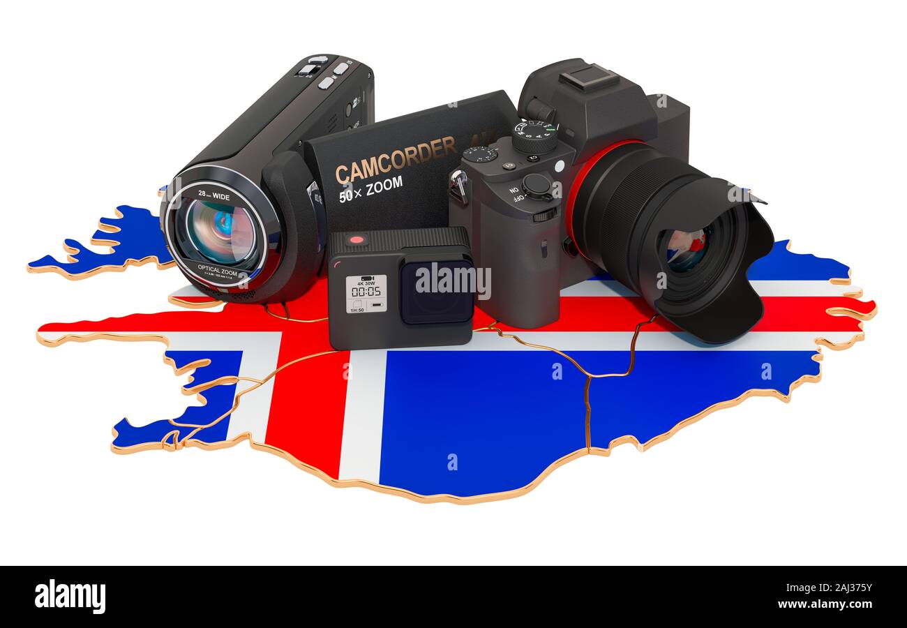 Voyages et photo, vidéo du tournage en Islande. Appareil photo numérique, caméscope et appareil photo d'action sur la carte de l'Islande. Le rendu 3D isolé sur fond blanc Banque D'Images