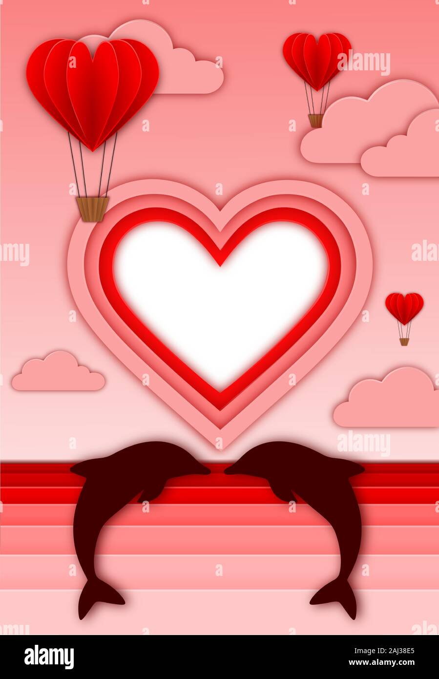 carte de saint-valentin avec des ballons de cheveux chauds en forme de coeur, des nuages, des dauphins avec de l'espace pour votre texte dans le style de découpe du papier Illustration de Vecteur