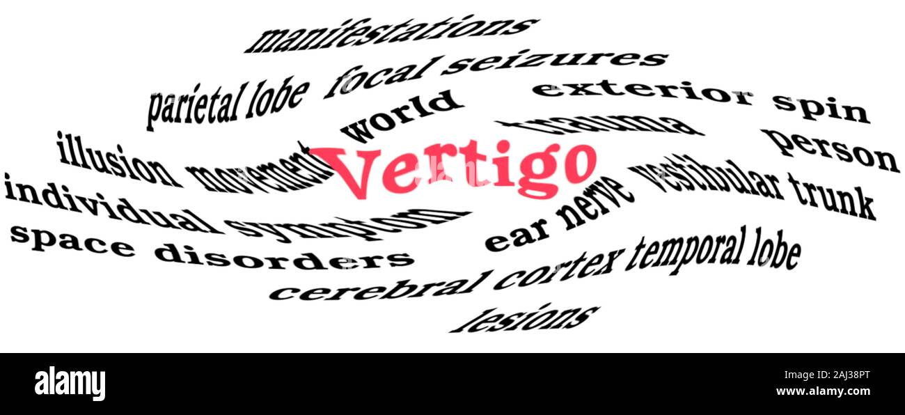 Ensemble de mots liés à la maladie qui donne le vertige. Les mots dans le nuage sont déformées pour expliquer le vertige effet produit par vertigo. Banque D'Images