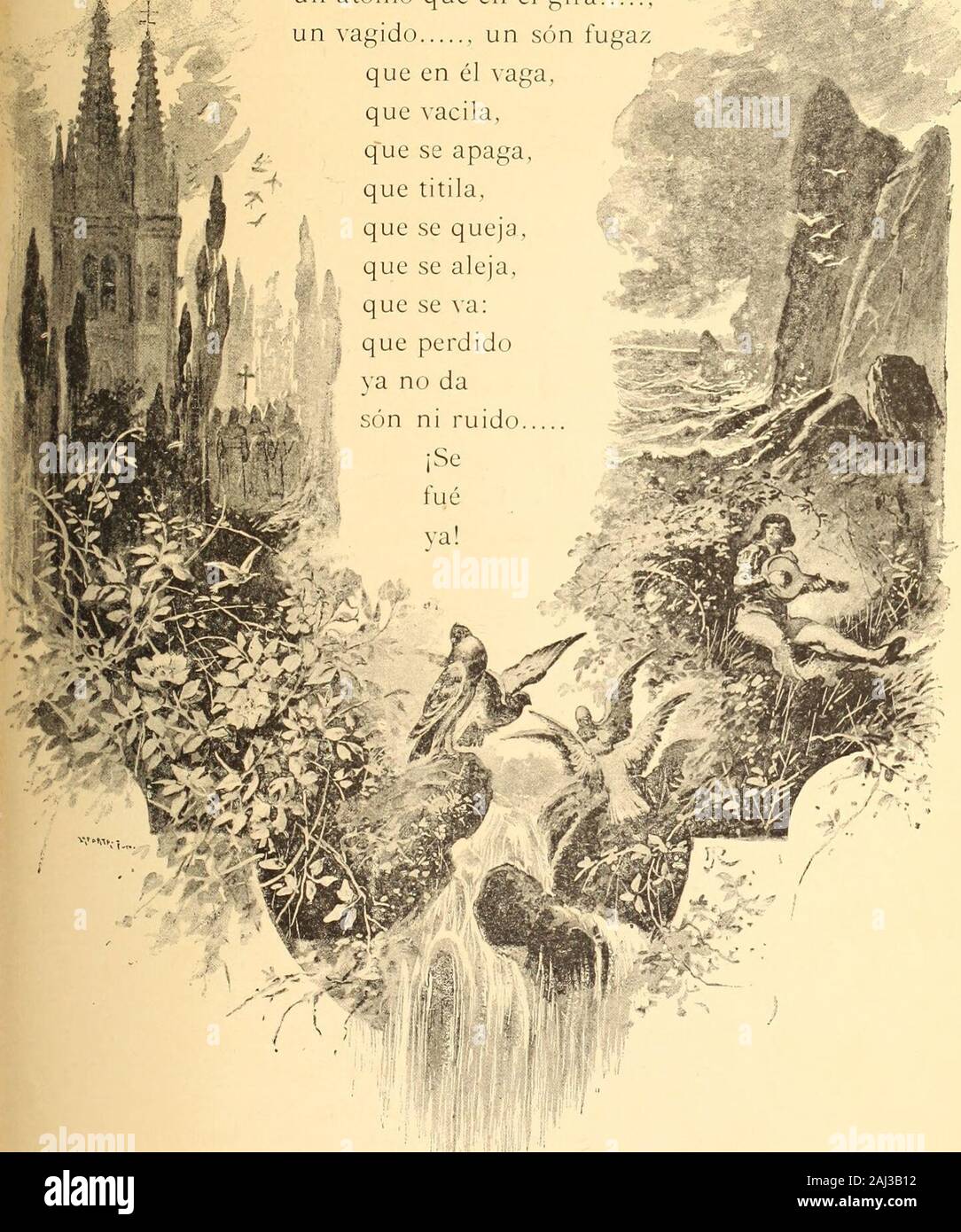 Coronación de José Zorrilla D . ndra su pío :"si trino, gorjeos moi da el Ruiseñor. Y hace coro á la voz viviente míala salmodiaque envíala á del mundo Dios armonía universal:aquí el rumeur de las hojas,allí el manantial del fils;aquí el niño á quien arrullade su nodriza el cantar:allí la ronca tormentaque revienta el huracán:acá el colibrí que zumbaen derredor:allá en el rosal el muezzin que murmurauna Korán:allá del sura lejana campanade cristiana catedral:allí la audaz gritería. de insurrección populaires;allá arrullo de palomas;allí el fragor de un volcán;allí la trompa de guerra,non mandolín más Banque D'Images