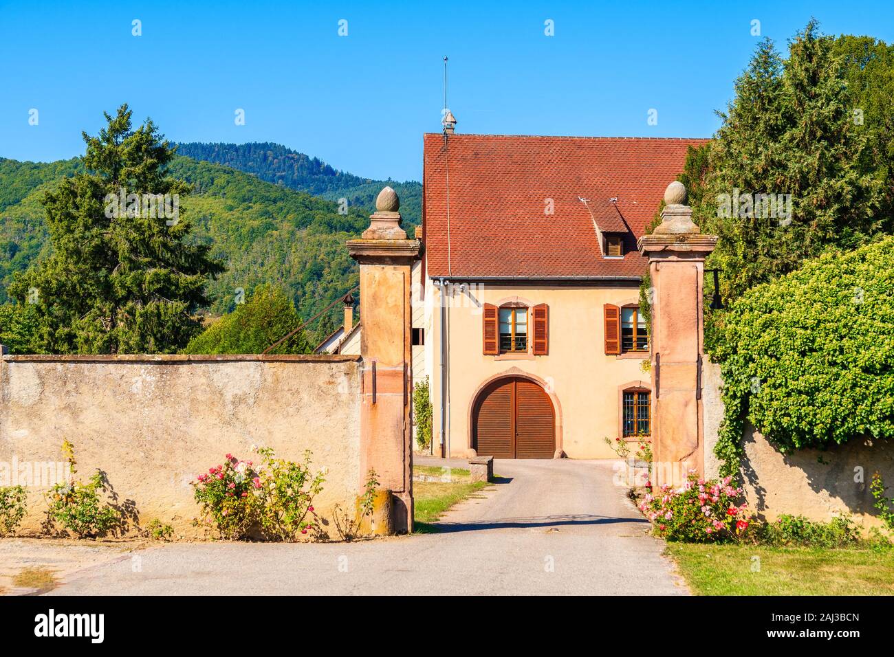 Belle maison traditionnelle dans le pittoresque village de Kaysersberg, Alsace, France Banque D'Images