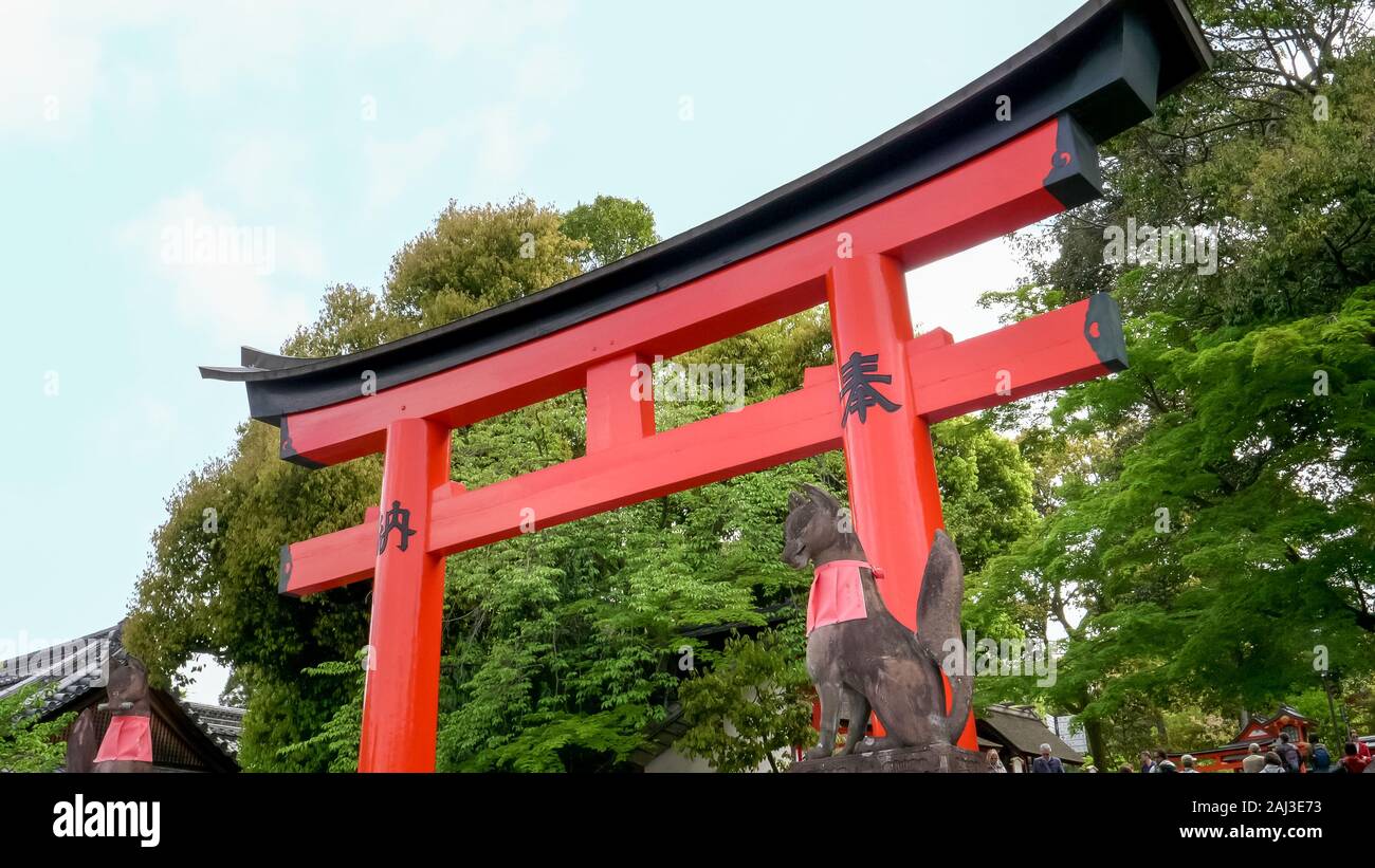 Fox lors d'une statue sacrée de torii de Fushimi Inari temple de Kyoto Banque D'Images