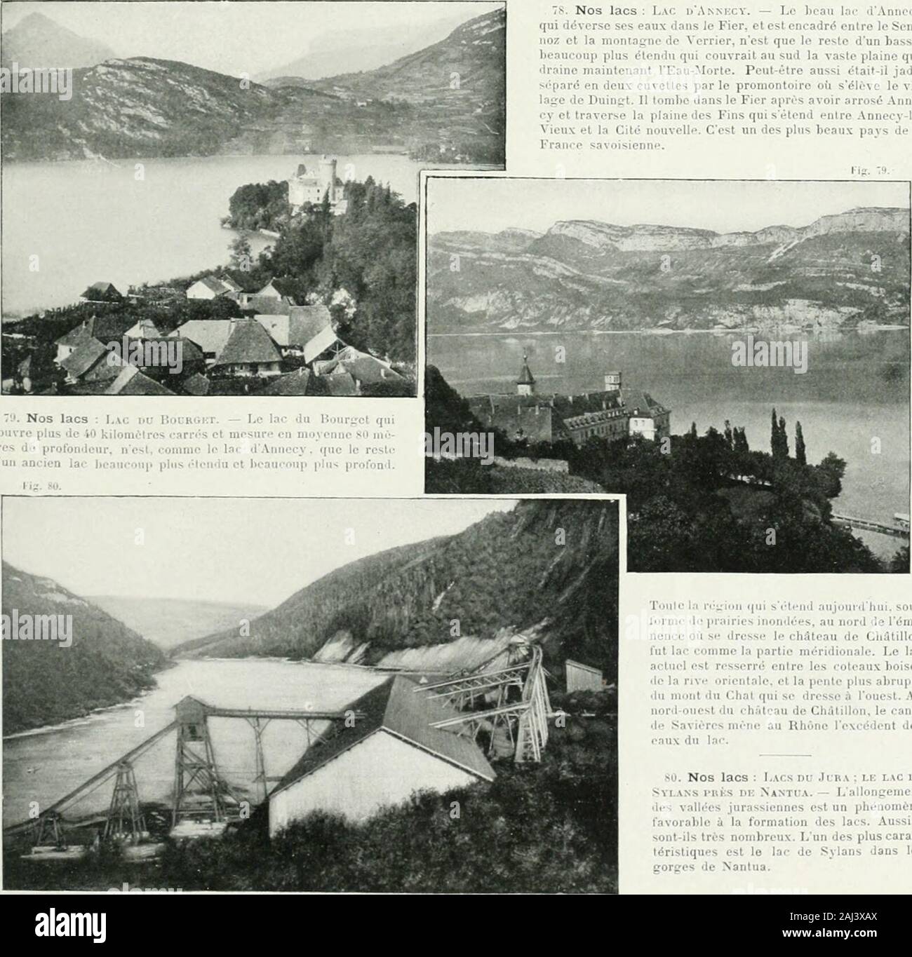Album géographique : La France . 7S. Nos lacs ; Lac d*Anni-xy. - Le beau lac dAnnocvqui déverse ses eaux dans  !e fier, et est encadré entre le sem-noz et la montagne de Verrier, nest que le reste dun plus bassinbeaucoup étendu qui couvrait au sud la vaste plaine.Eau-Morte quedraine maintenant l Peut-être aussi était-il jadissiparé ruvetle* ; en deux par le promontoire ou sélève le vil-lage de Duingt. Il toml>o dans le fier après avoir arrosé Anne-cy cl traverse la plaine des palmes qui sétend entre Annecy-le-Vieux et la Cité nouvelle. Cest un des plus beaux pays de laFrance savoisienne. T.i. Pas de Banque D'Images