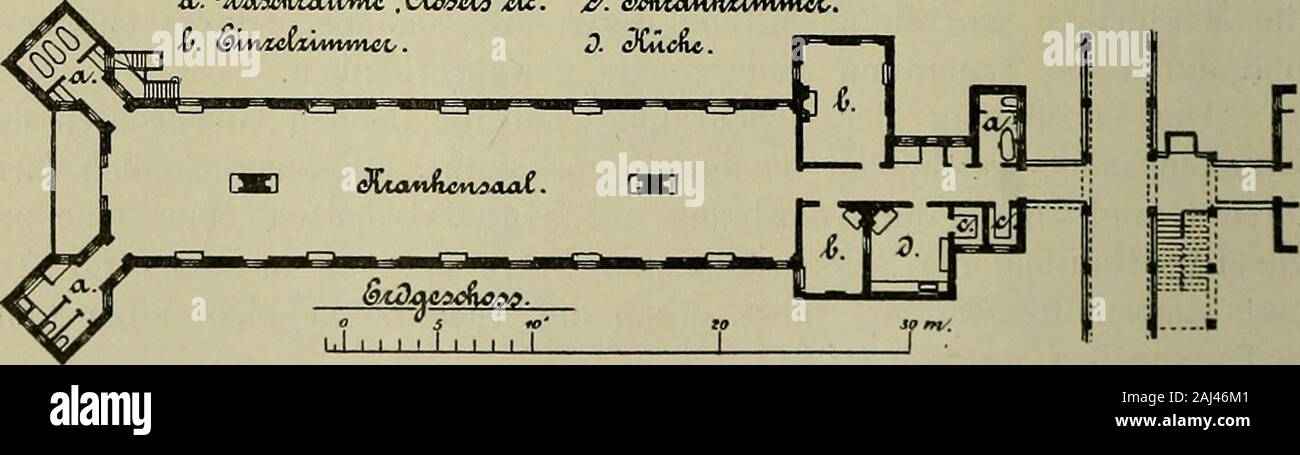 Handbuch der Krankenversorgung und Krankenpflege . Projet Preisgekröntes für ein Landeskrankenhaus zu Troppau.Grundriss eines welches ausserhalb der Pavillons. Krankenabtheilungen, sodass liegt eine Luft-commimikatiou- und Unter dem der Erdgeschoss nicht statt-finden kann. En anglais Hospitälern Nebenräume, wo die normalement des Krankensaales vertheilt beideGiebelseiten auf werden, sind die Olosets mitden Wasch- und einem freistehenden l Badezimmern Thurm dem gegenüberliegenden Giebelseite ander Eingang des Pavillons angeordnetund Pavillonsaal durch einen mit dem gut, schmalen Banque D'Images