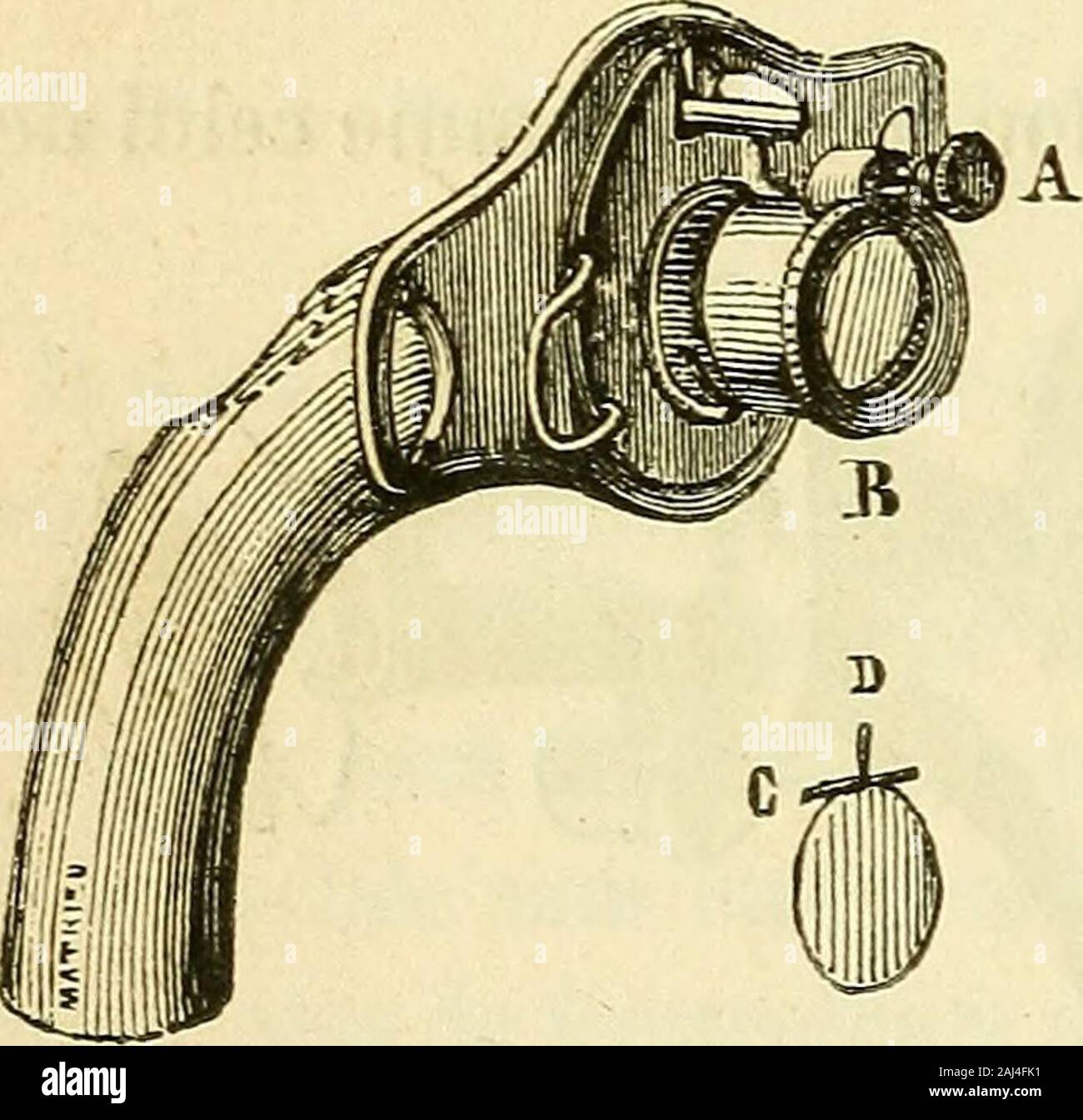 Arsenal de la chirurgie contemporaine : description, mode d'emploi, et appréciation des appareils et instruments internationaux en usage pour le diagnostic et le traitement des maladies chirurgicales, l'orthopédie, la prothése, les opérations simples, générales, spéciales et obstétricales . , P. 64). Chassaignac, Leçons sur En trachéotomie, Paris, 1855. 568 Instruments, du larynx. Une valve B mobile peut être disposée sur louverture ovalaire demanière à se redresser après lintroduction de la canule. Broca a présenté à la Société de chirurgie une canule appartenant aumême ordre didées. Cette canule présente (fig. Banque D'Images