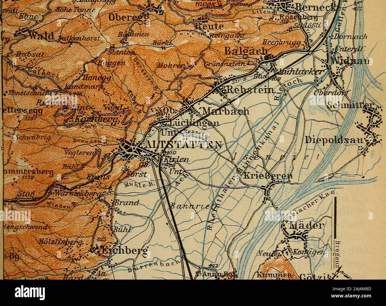 Suisse ; et les parties adjacentes de l'Italie, la Savoie et du Tyrol ; handbook for travellers . yomsesthiizv Eaieft- tige, Tt/  . n.H-JieTiuTsie /   •• * Eobt. N° BiLastctnjUuf^ ^ UCllS ...Pier-- Feidldrch   milles anglais*£ii£ StraBenbaJin Appenzell. Fiesch. I- La Route 19. 79 31/2-41/2 fr.), au milieu de verts pâturages, anciennement muchfrequented pour la whey-cure. Tramway à vapeur à Saint-Gall, voir p. 82. - Belle vue du Som-mersberg (3865), 3/4 h. à la N.E.- de G-ais à Altstatten (Alt-statten Ville 43/4 M., à la station de Altstatten 53/4 M.), bouilloire étroitesse d'gaugerailway dans 38-52 minutes (1 fr Banque D'Images