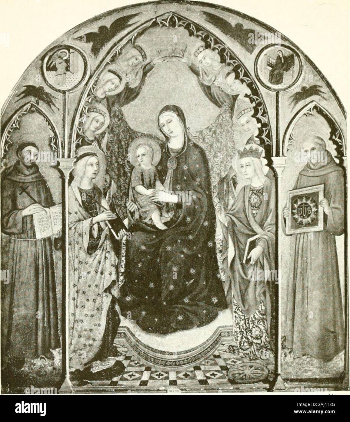 Une nouvelle histoire de la peinture en Italie : à partir de la II à la xvie siècle . Retable SASSETTA. Un linari.Collegiata Asciano.. Alinan. Vierge et l'enfant, avec des SS. FRANCIS ET BERNARDINOSANO DI PIETRO. Gallery, Sienne. 123 L''un de ses meilleurs élèves était Ansano ou Sano di Pietro di Mencio,dont la puissance de multiplication ne semble guère moins que miraculeux. Naissance Note 5, p. 121-suite.MILAN. PIENZA.ROME. La rupture des SAN (Marche).Sienne. Londres. BARNARD CASTLE.FROME (Somerset). Lily100 PARK (Derby).PARIS. BORDEAUX. CHANTILLY. CHEVERNY (Loire-et-Cher).DIJON. Coll. Crespi. Dire adieu aux Apôtres vierge Banque D'Images