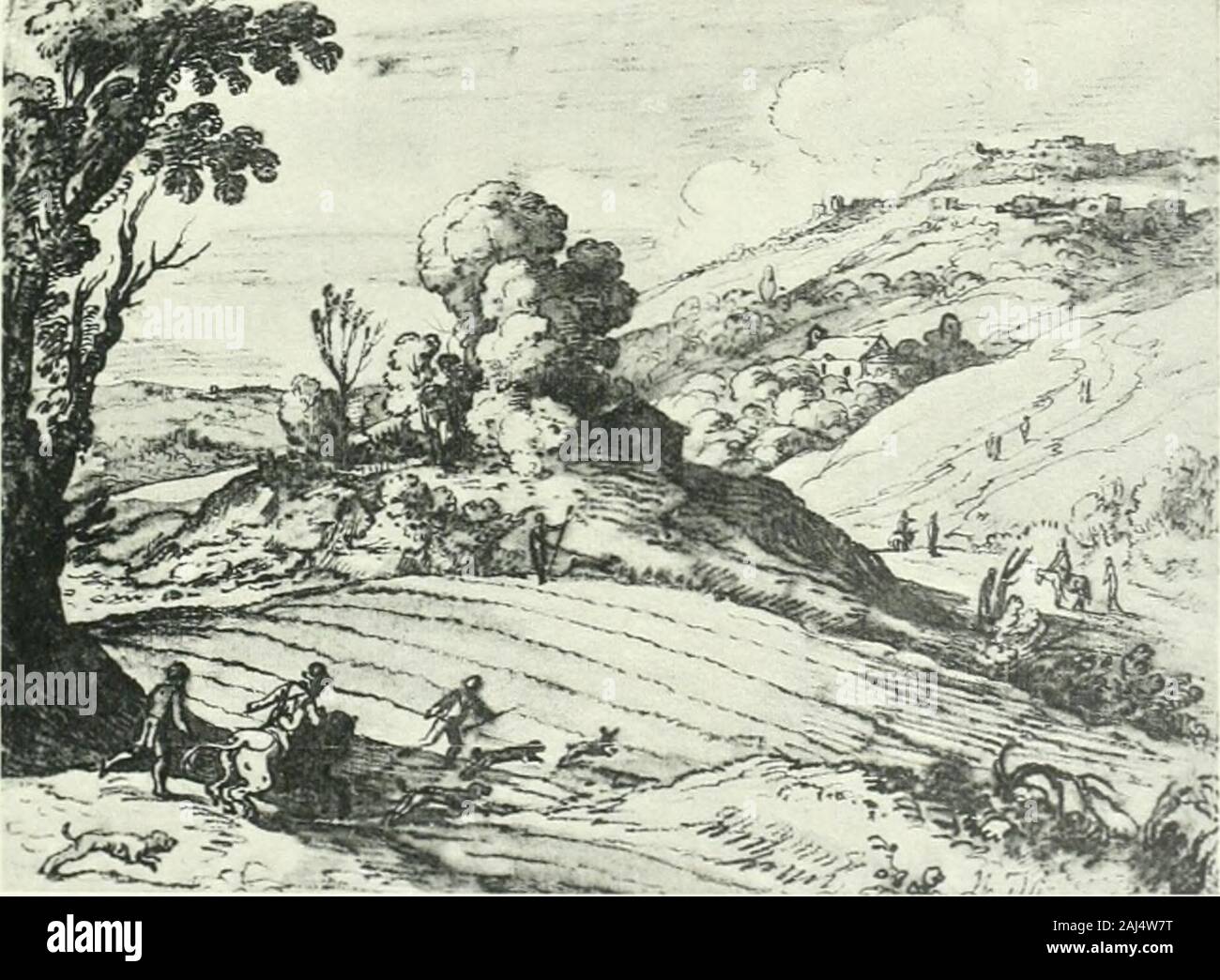 Das Leben und die Werke der Brüder Matthäus und Paul Brill .  ? ;,. A. Berlin, Kiipferstichkabiiictt : MEERESBUCHT, bez. Paol Bril fec. 1615 b. Paris Louvre : ACKERLANDSCHAFT, bez. 1616 Banque D'Images