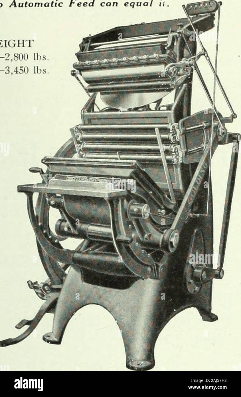 Canadian Printer & publisher . KIMBLE ELECTRIC CO. N. Western Ave.CHICAGO, ILLINOIS GREAT WEST ELECTRIC CO.. LTD., 57 AlbertStreet, Winnipeg, Man., pour tous les points à l'ouest ofPort Arthur et Fort William. MASCO Company, Ltd., 87, rue Queen Rep,Toronto, Canada, pour tous les points à l'est de PortArthur et Fort William. Dites que vous avez vu dans PUBiLISHER^ 1 ET L'IMPRIMANTE R I N T E R UN ÉDITEUR) 1 95 3000 impressions par heure sur lOx 15 travaux imprimés 2 d'isa juste nourrir à la main moyenne pour la longueur de l'Art-6688 Pas d'alimentation automatique peut même il. Poids 12x18-2 800 lbs15x21-3 450 lb force -Si le Jobberact Art Golding Banque D'Images