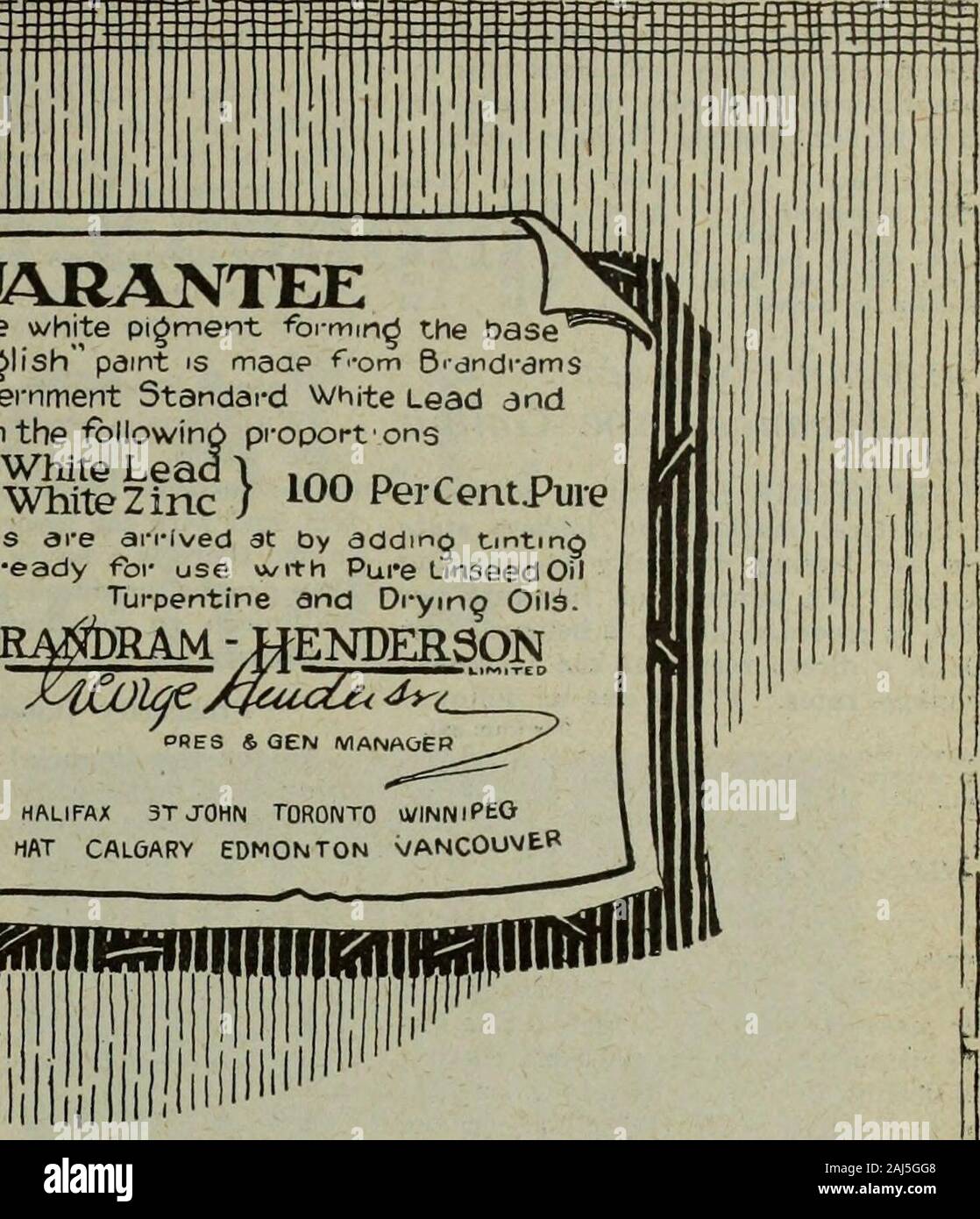 Septembre-décembre 1919 merchandising matériel . GUAJRANTEE Nous garantissons le pigment blanc formmd cette base de la B-H Français peinture est maae dndramsGenuine ^8om B.B. AndPure standard du gouvernement blanc de Plomb Zinc blanc, dans les proportions suivantes70  %. Blanc de plomb pur inn ~ r . n30- •• blanc pur Z inc ) l0° PerCentPure les différentes teintes sont arrivés à par l'ajout d'tintingcolors et polyvalent prêt à l'emploi avec l'huile de lin et de térébenthine pure huiles de séchage. BR4$bRAM - JJENDER30N 3T Halifax Montréal Toronto JOHN CHAPEAU WINNIPEGMEDICINE nBaiMinBniii CALGARY EDMONTON VANCOUVER""minii"5fli. Guaranteeis Banque D'Images