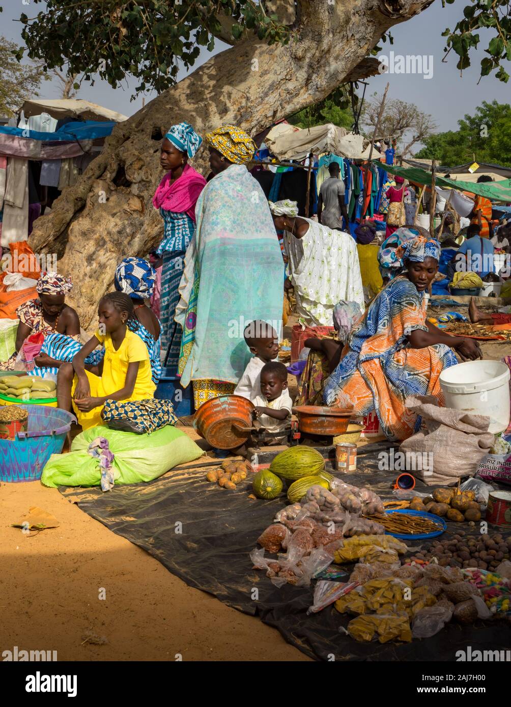 Les femmes et les enfants vendent des fruits et des produits au marché local au Sénégal, l'Afrique - Photo : Iris de Reus Banque D'Images