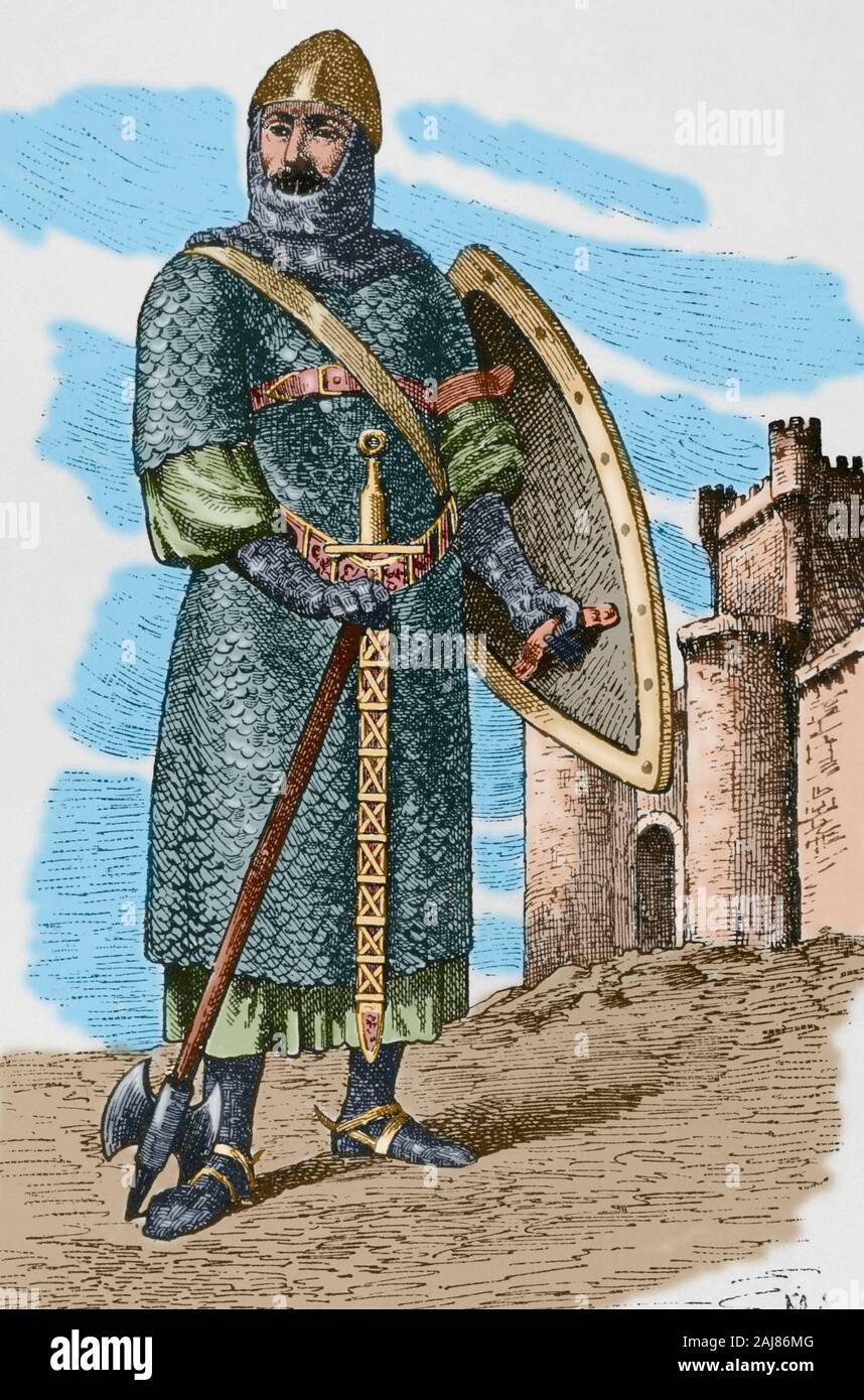 Moyen-Âge. 11e siècle guerrier. La gravure. Museo Militar, 1883. Plus tard la couleur. Banque D'Images