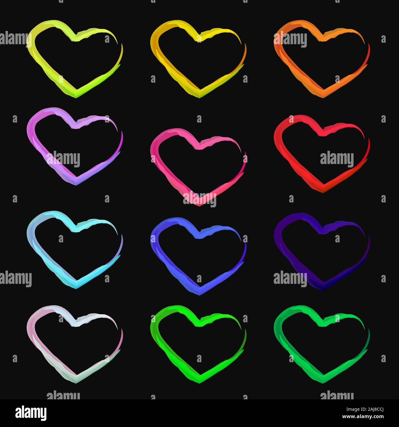 Situé coeur isolé sur fond noir. Collection de douze cœurs en différentes couleurs. Coeurs colorés de formes. Illustration vectorielle Stock. Banque D'Images