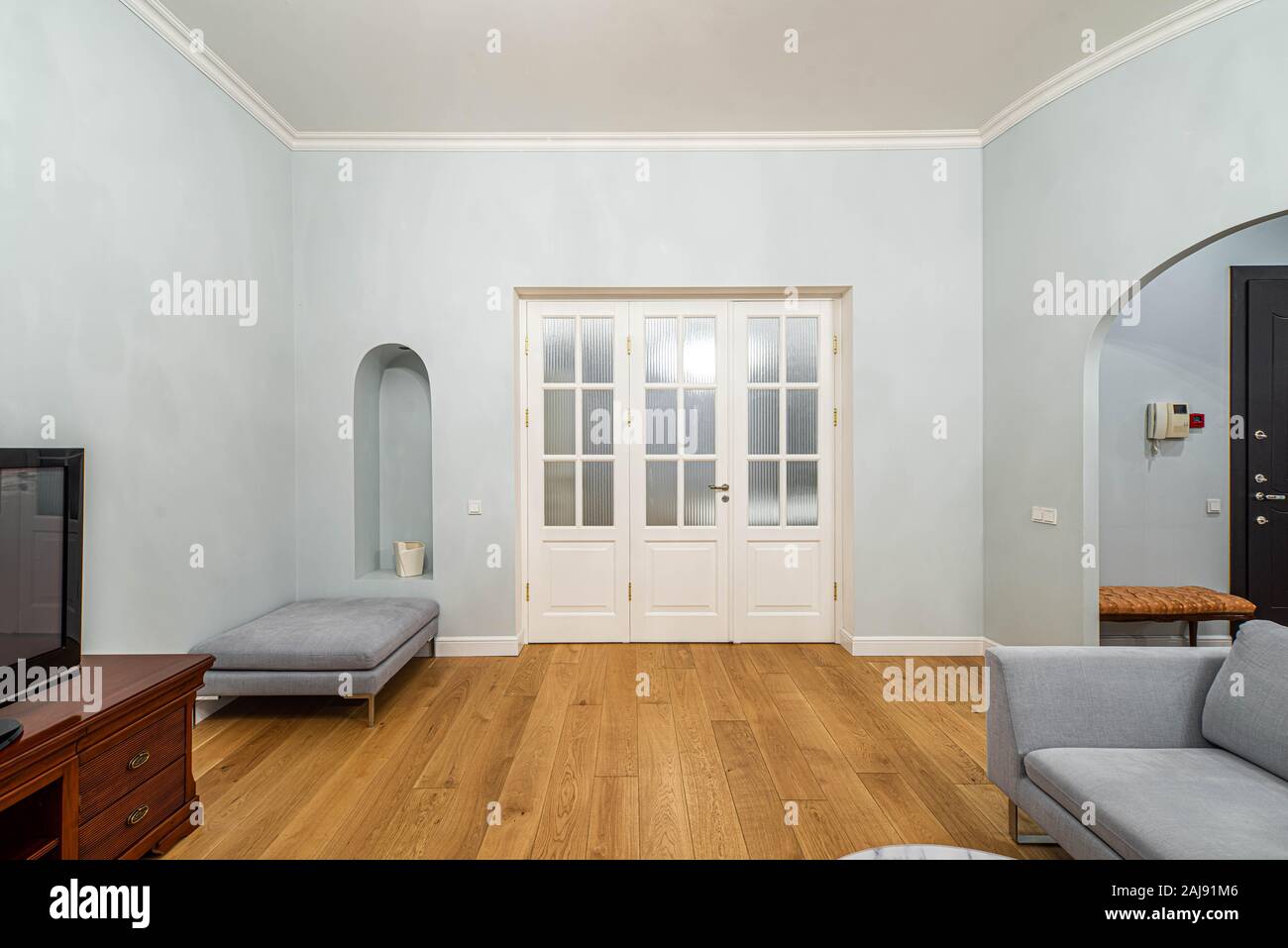 Intérieur moderne de salle de séjour dans un appartement de luxe. Vue sur le mur avec porte blanche. Banque D'Images