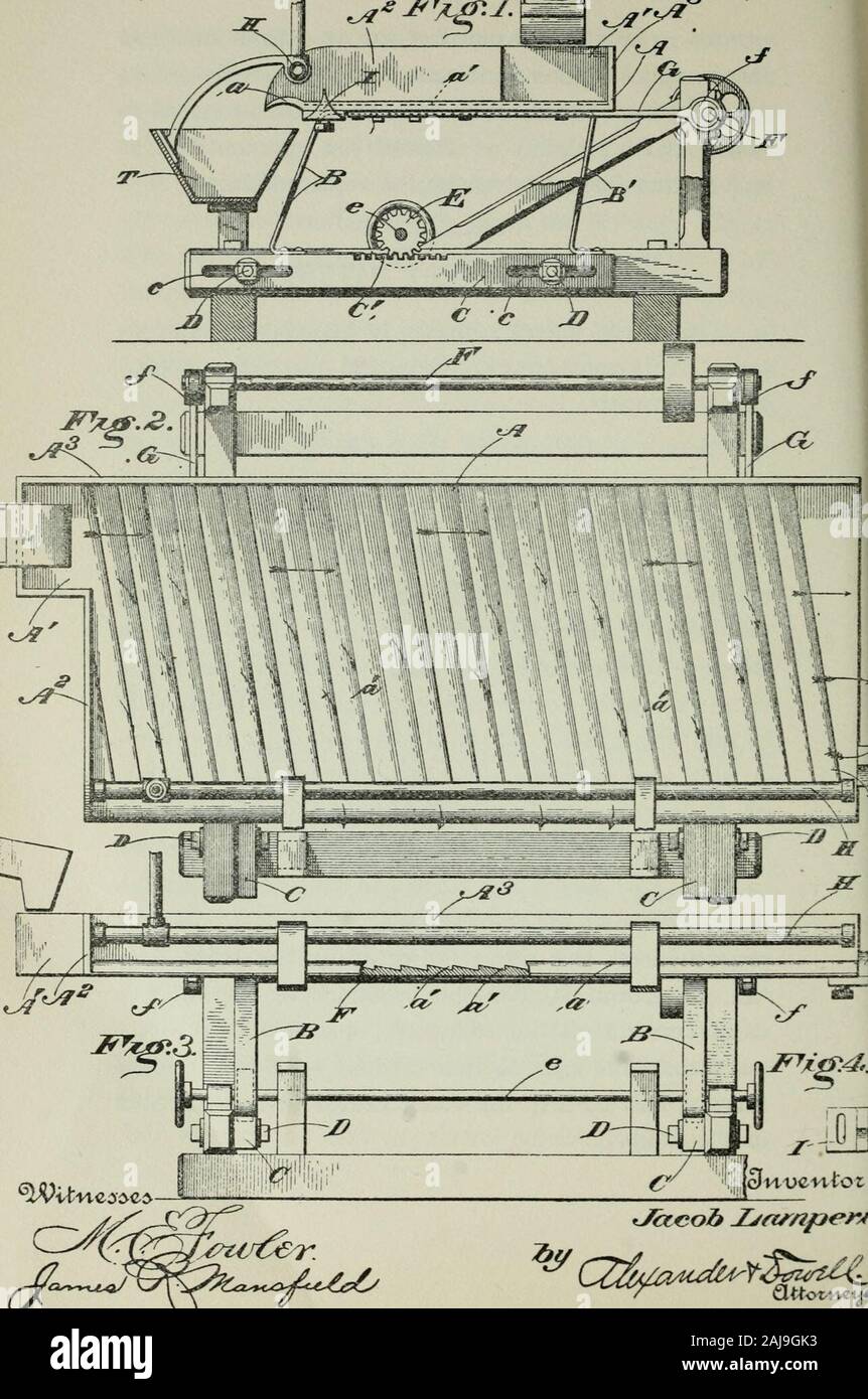 Cour d'appel des États-Unis pour le Neuvième Circuit . ss de deux.La coupe ici présentée est une reproduction des dessins.Fig. 2 montre le pont. Un mouvement alternatif iscommunicated à la table d'un actuatingtwo l'arbre F cams// connecté avec la table par des courroies G G.En raison de la position de la diagonale légèrement riffleson la table le mouvement alternatif n'est pas exactlyin avec eux. Mais il est presque assez afin de pro-duce son effet caractéristique de matériau sur la table.A est la boîte de pâte, et à partir de cette fin, le tableslopes vers le pied. Il y a (shownin Fig. Banque D'Images