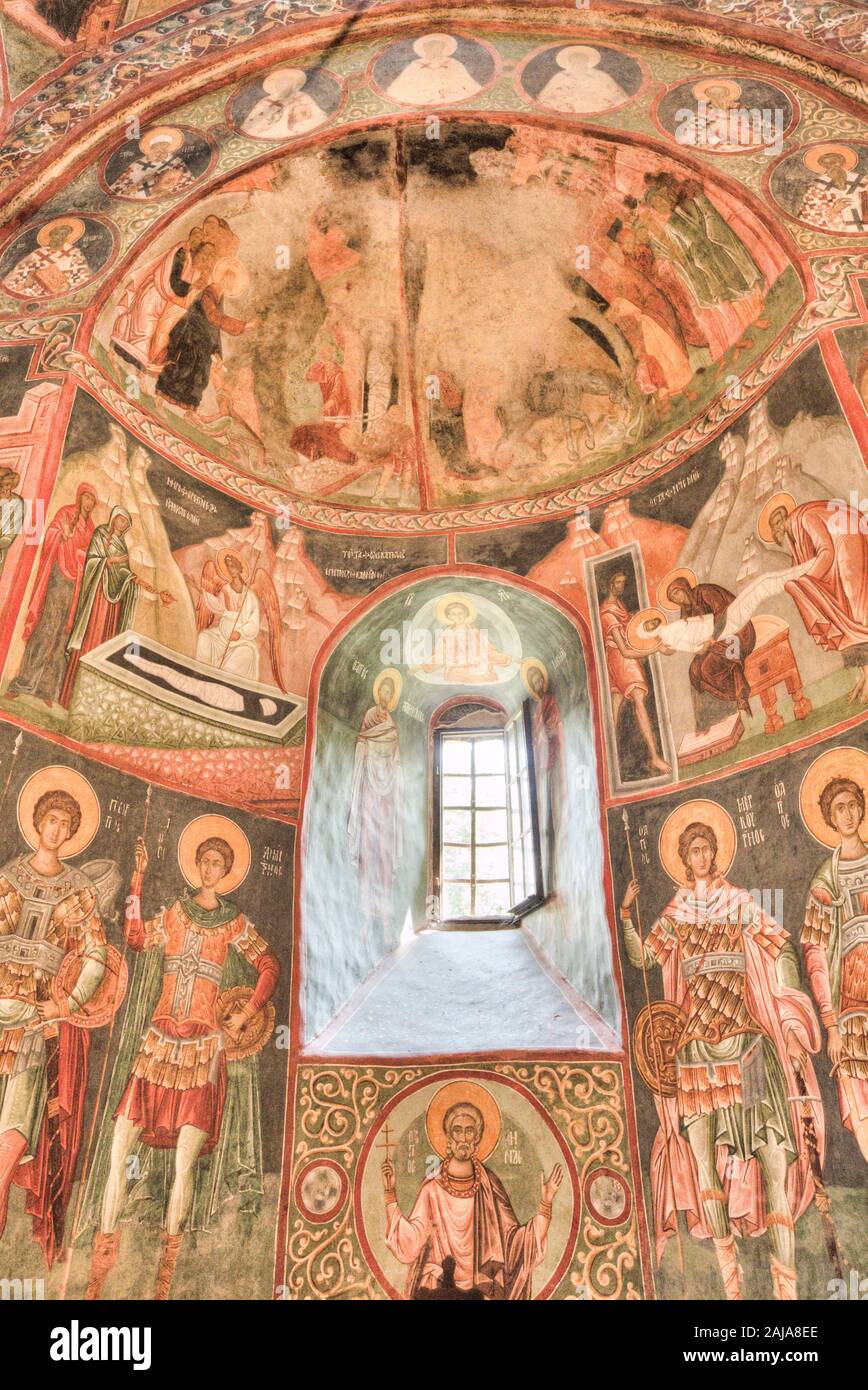 Fresques de l'intérieur, l'église de la Sainte Croix, 1487, monastères peints, UNESCO World Heritage Site, Patrauti, Suceava, Roumanie Banque D'Images