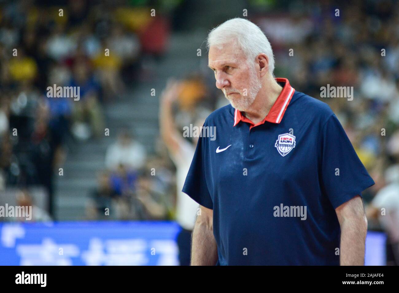 Gregg Popovich, l'entraîneur chef de l'équipe USA, pendant le match contre la France. Coupe du Monde de Basket-ball de la FIBA, Chine 2019, 1/4 de finale Banque D'Images