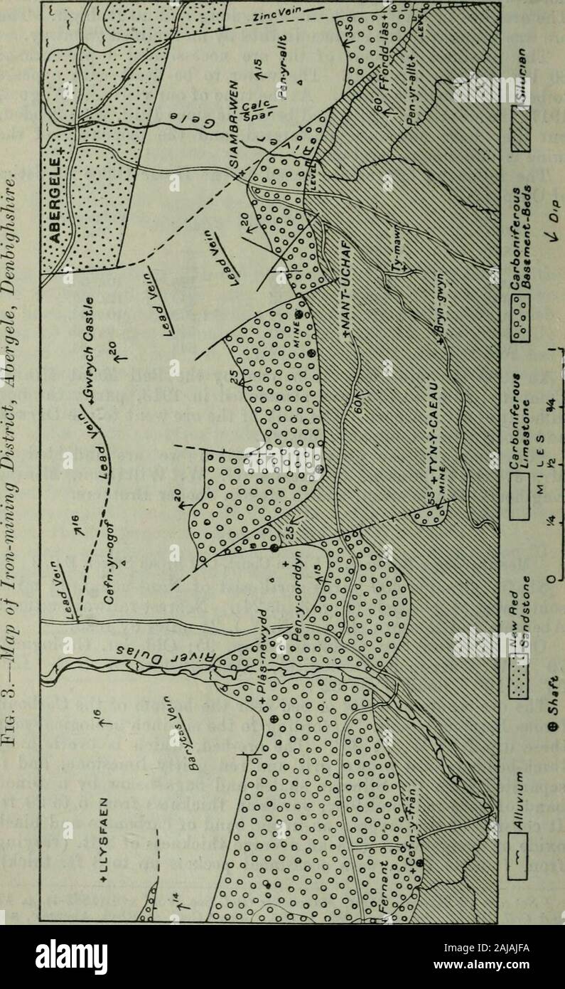 Des rapports spéciaux sur les ressources minérales de Grande Bretagne . N.X.W. à 35°. L'ore-L)de, qui est surmontée bythick hrown dur lits de sable et de calcaire gréseux rouge, et de l'isseparated les schistes du Silurien et les drapeaux ci-dessous par un 4-inchband de grès rouge-foncé, varie en épaisseur de 5 à 20 ft.Il se compose de deux couches : une bande supérieure de carbonate et blackoxide de manganèse,- d'une épaisseur moyenne de 2 ft. (Varyingfrom dans 7 à 7 ft., avec parfois des compartiments jusqu'à 8 pi. d'épaisseur), 1 Voir également I)e Ranee. Trans. Manchester Geol. Soc., vol. XVII (1882-4). p. 47, et Coll. Garde., tome XLIV, 1882 Banque D'Images