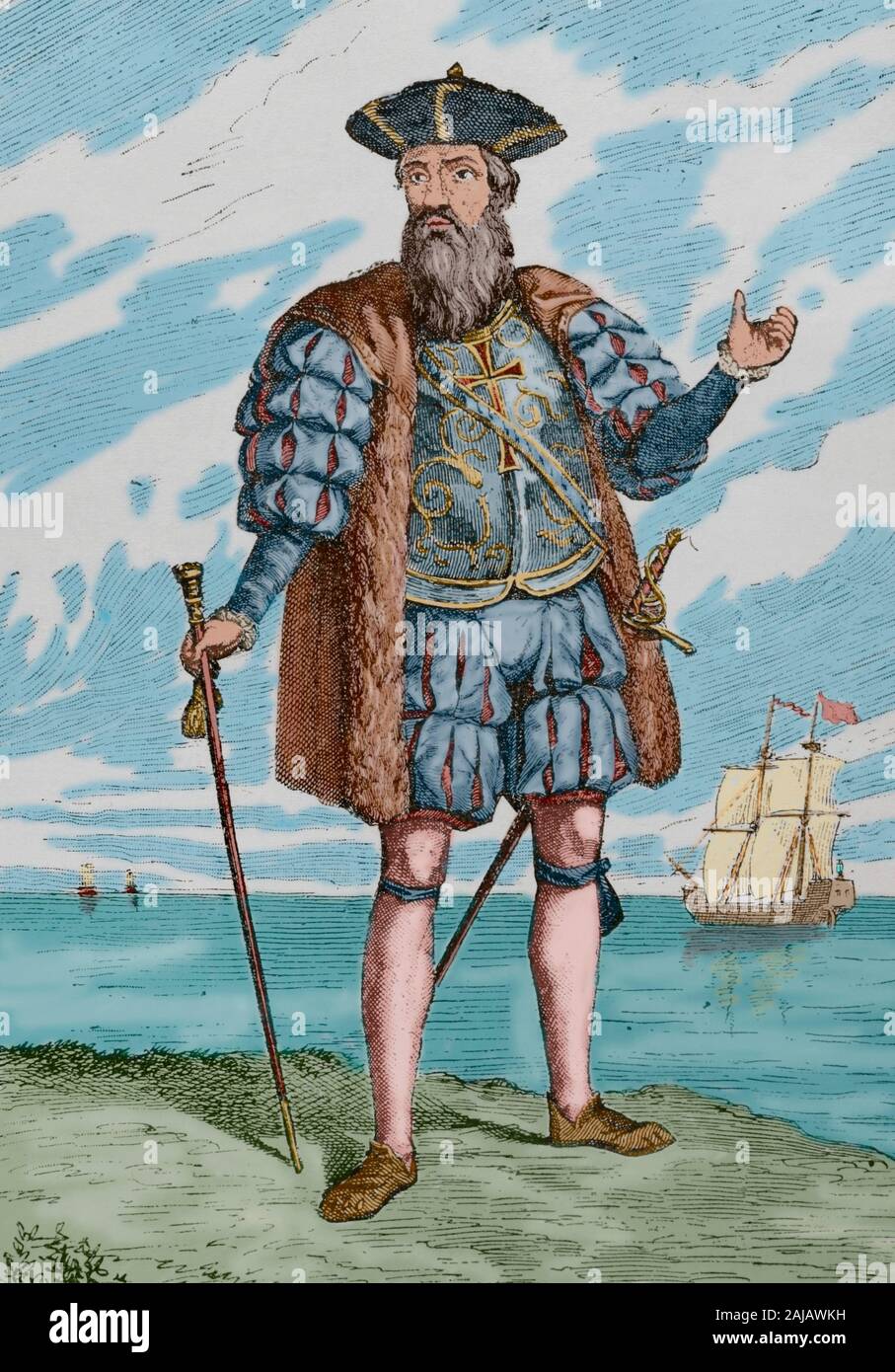 Vasco da Gama, premier comte de Vidigueira (1460-1524). L'explorateur portugais. Il a été le premier Européen à atteindre l'Inde par la mer. La gravure. Museo Militar, 1883. Plus tard la couleur. Banque D'Images