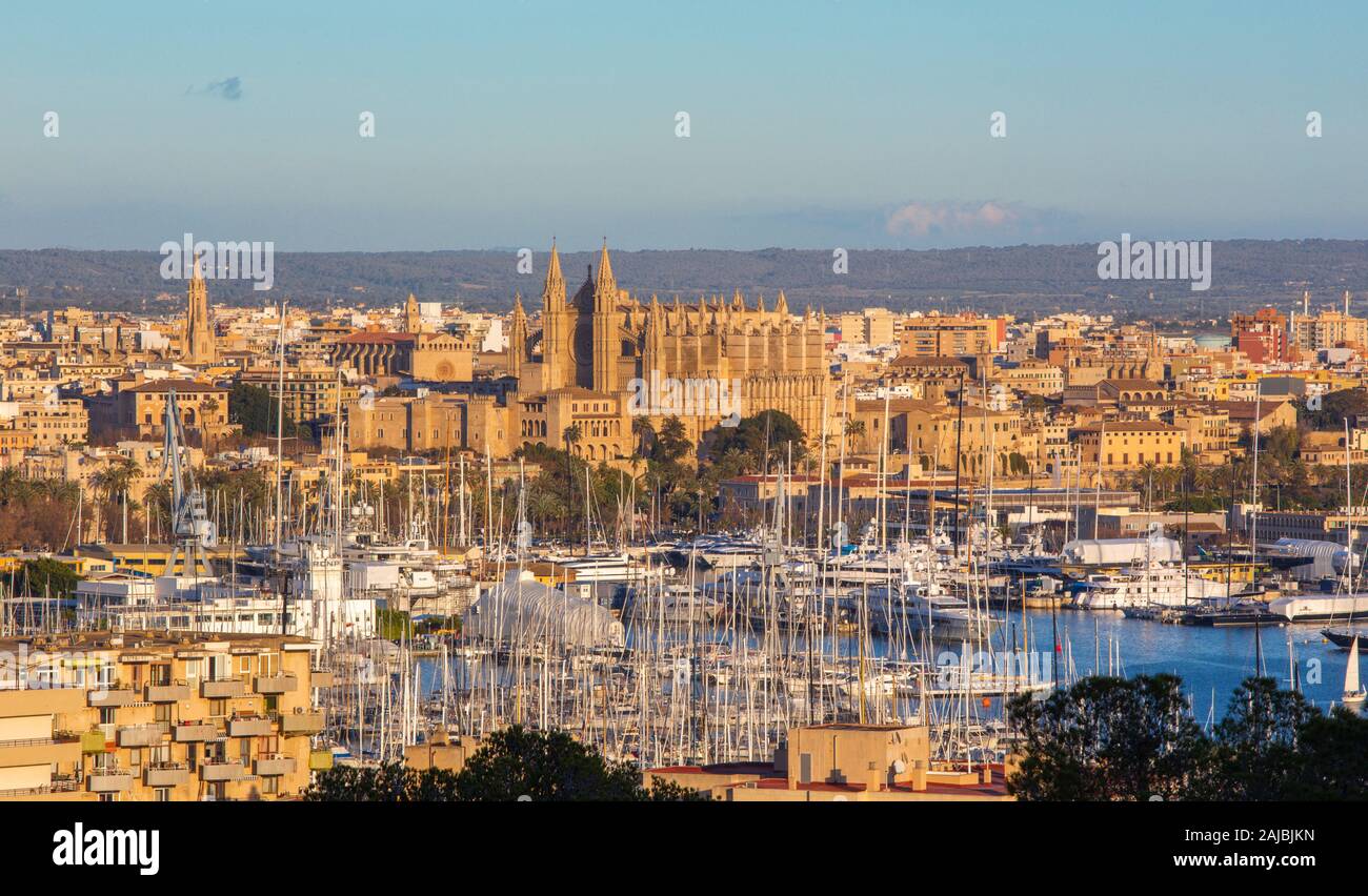 Palma de Majorque - le paysage urbain de la ville dans la lumière du soir avec la cathédrale La Seu. Banque D'Images